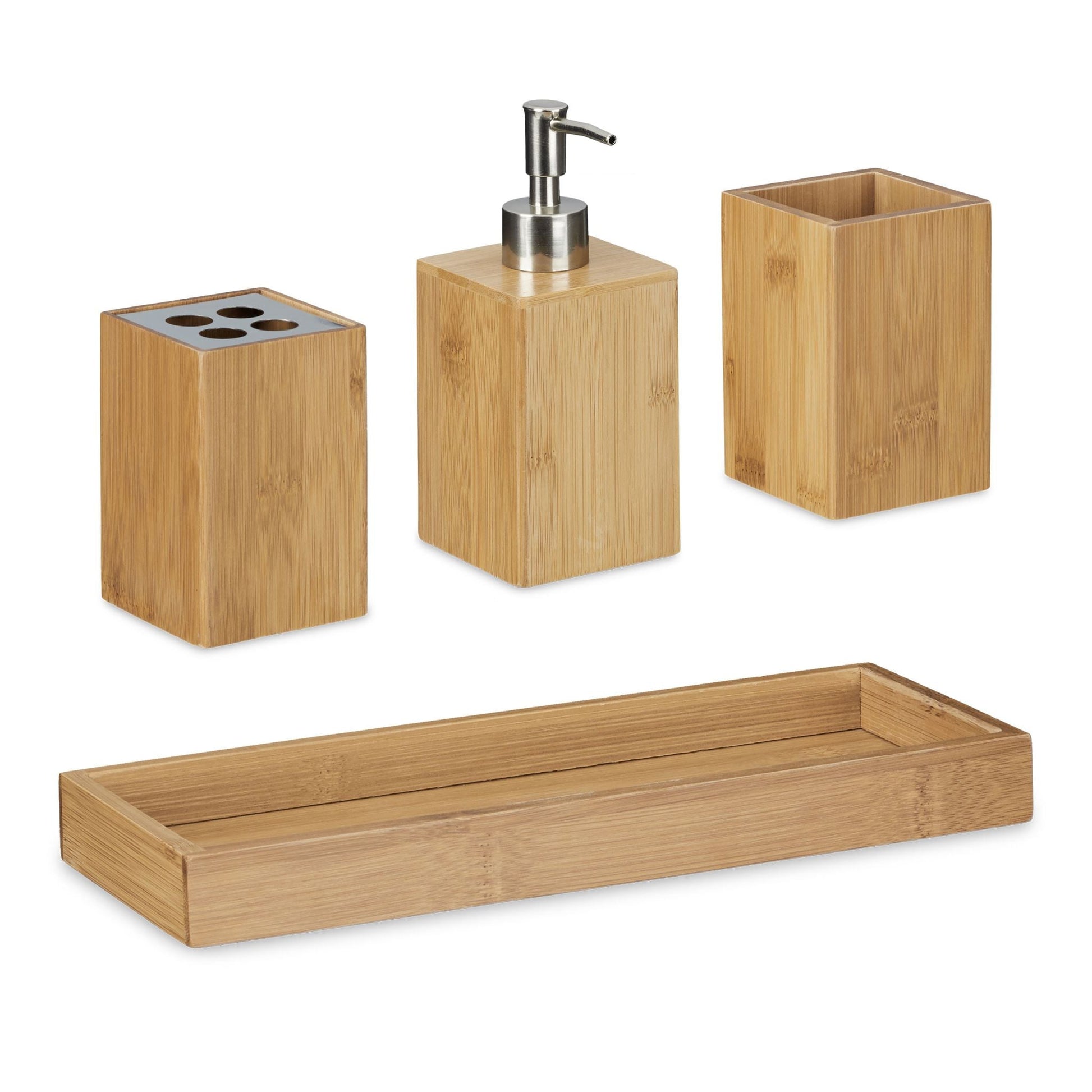 Bad-Accessoires-Set Bambus Hellbraun-Silber von Relaxdays