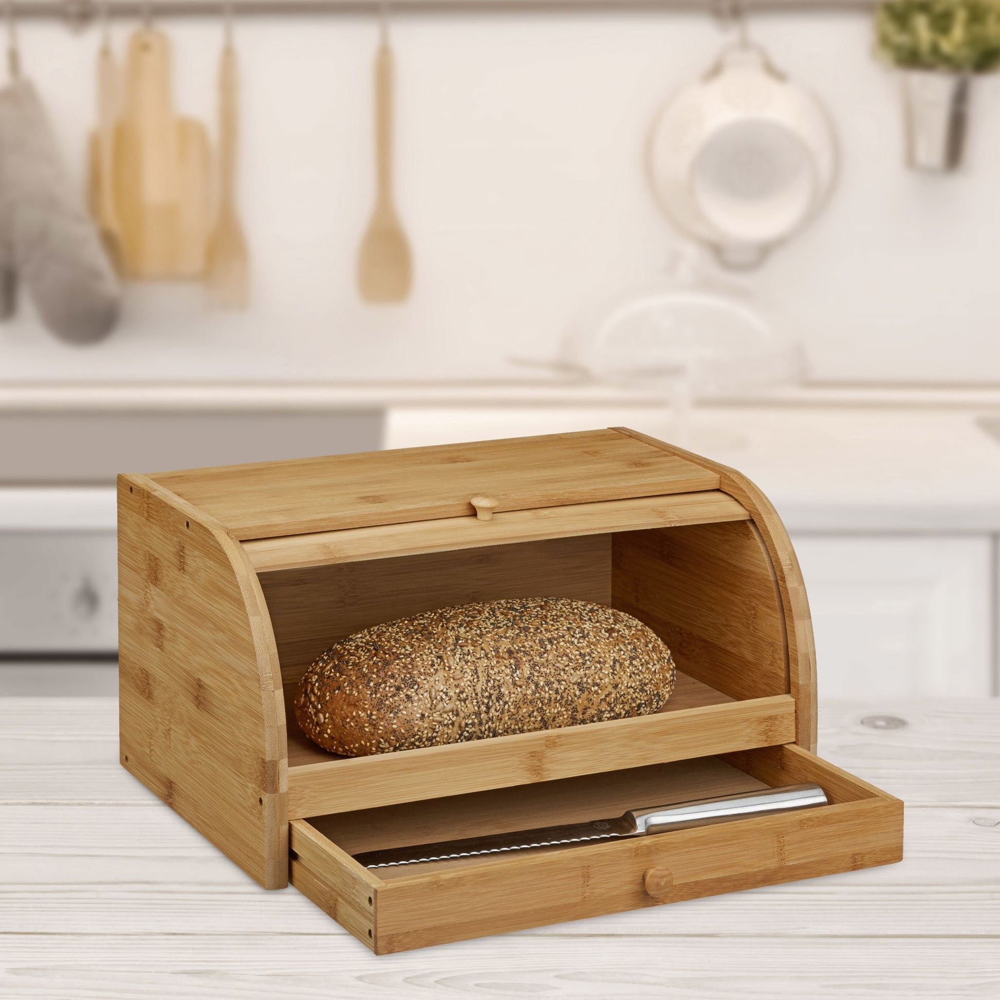 Rollbrotkasten mit Schublade Bambus Hellbraun von Relaxdays