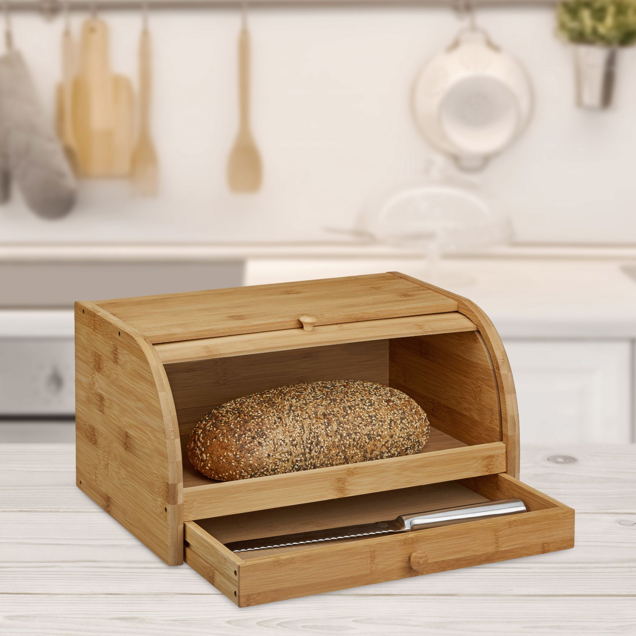 Rollbrotkasten mit Schublade Bambus Hellbraun von Relaxdays