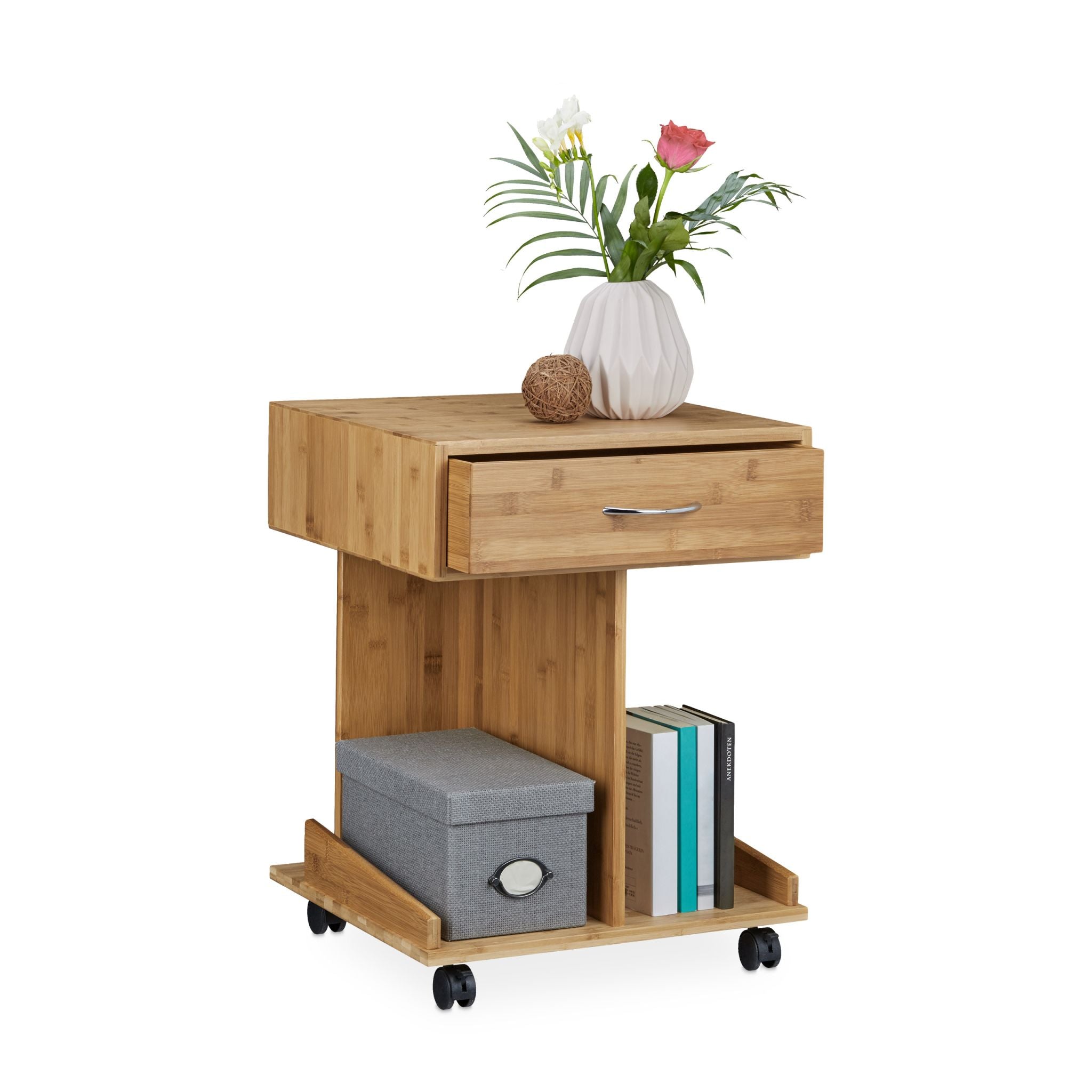 Beistelltisch mit Rollen ROLLI Bambus Hellbraun-Schwarz von Relaxdays
