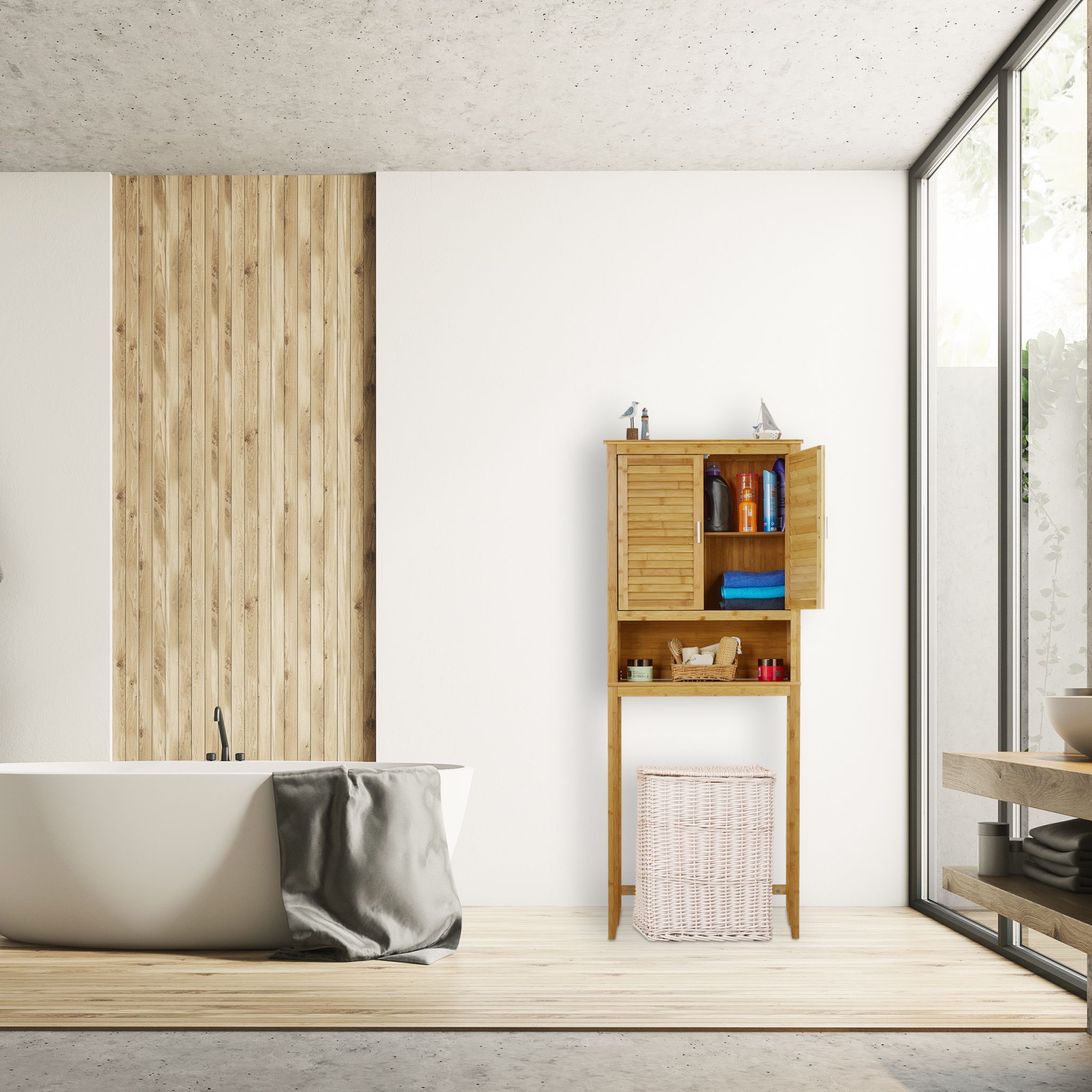 Waschmaschinenschrank LAMELL Bambus Hellbraun-Silber von Relaxdays