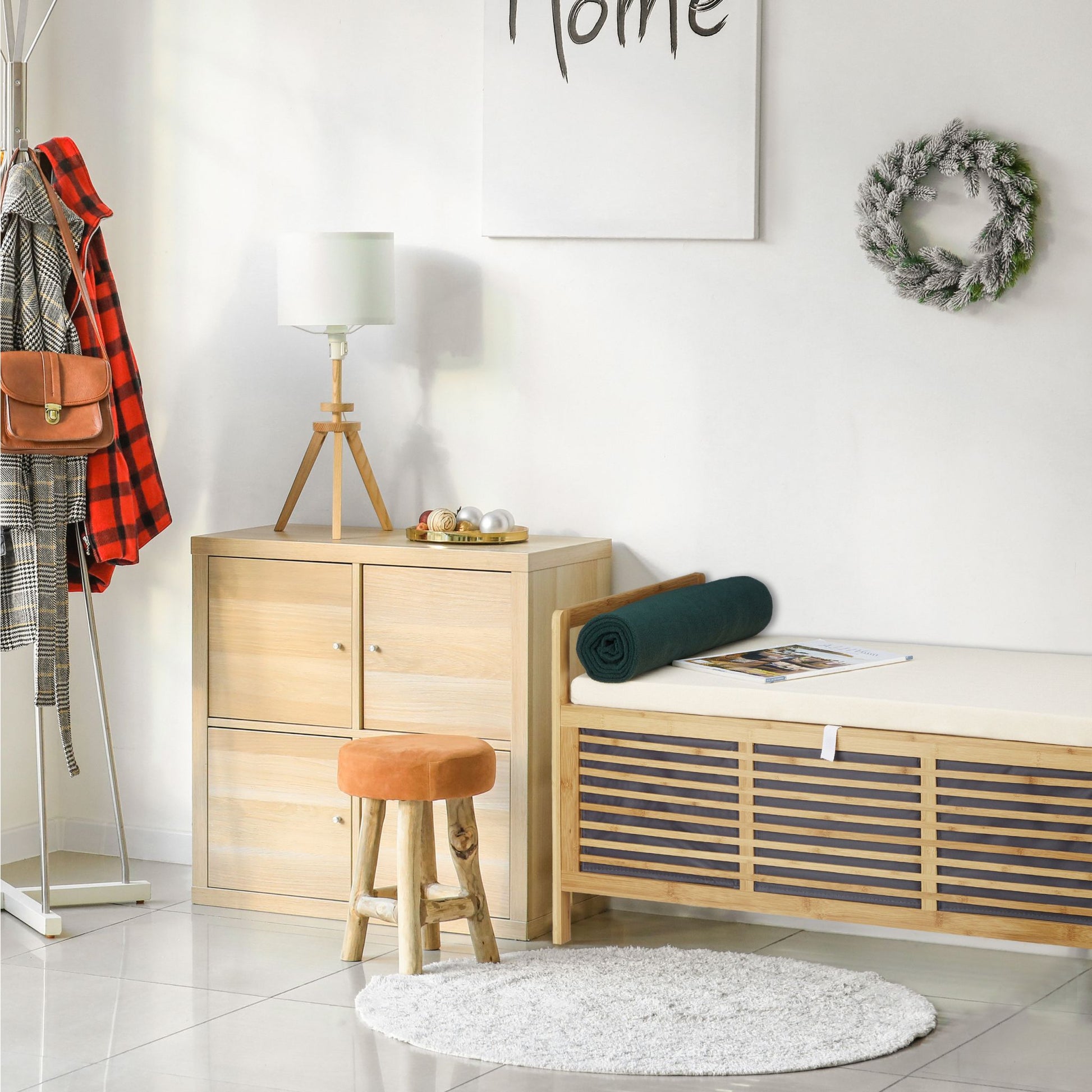 Bambus Sitzhocker mit Stauraum Weiss-Hellbraun von Relaxdays