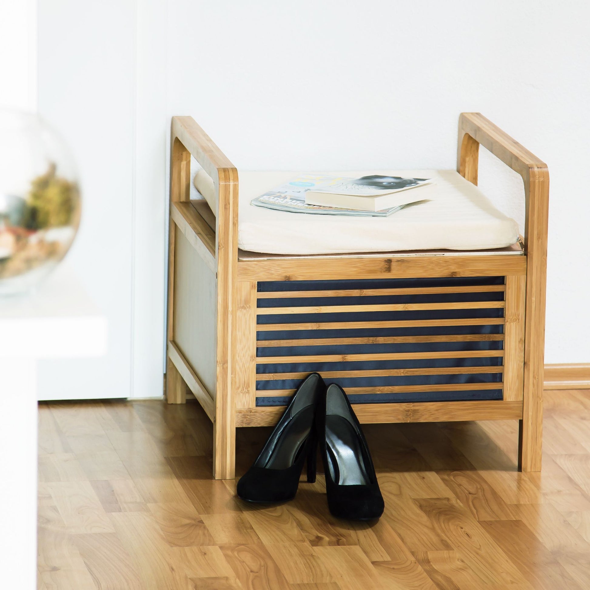 Bambus Sitzhocker mit Stauraum Weiss-Hellbraun von Relaxdays
