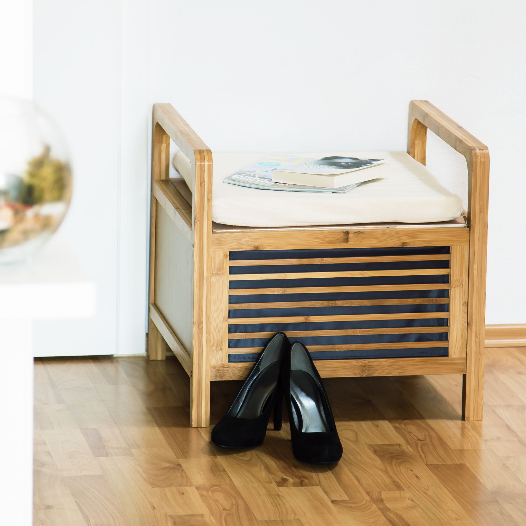 Bambus Sitzhocker mit Stauraum Weiss-Hellbraun von Relaxdays