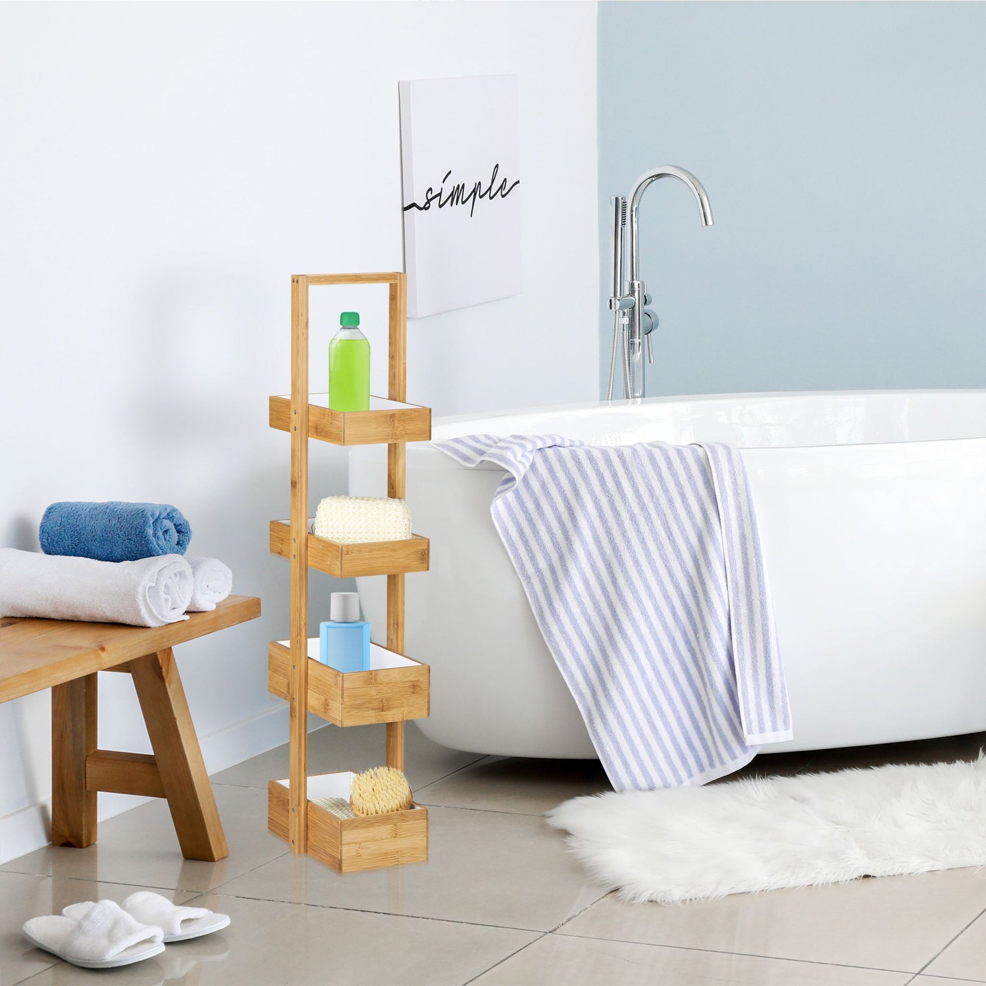 Bambus Badregal mit 4 Ablagen Weiss-Hellbraun von Relaxdays