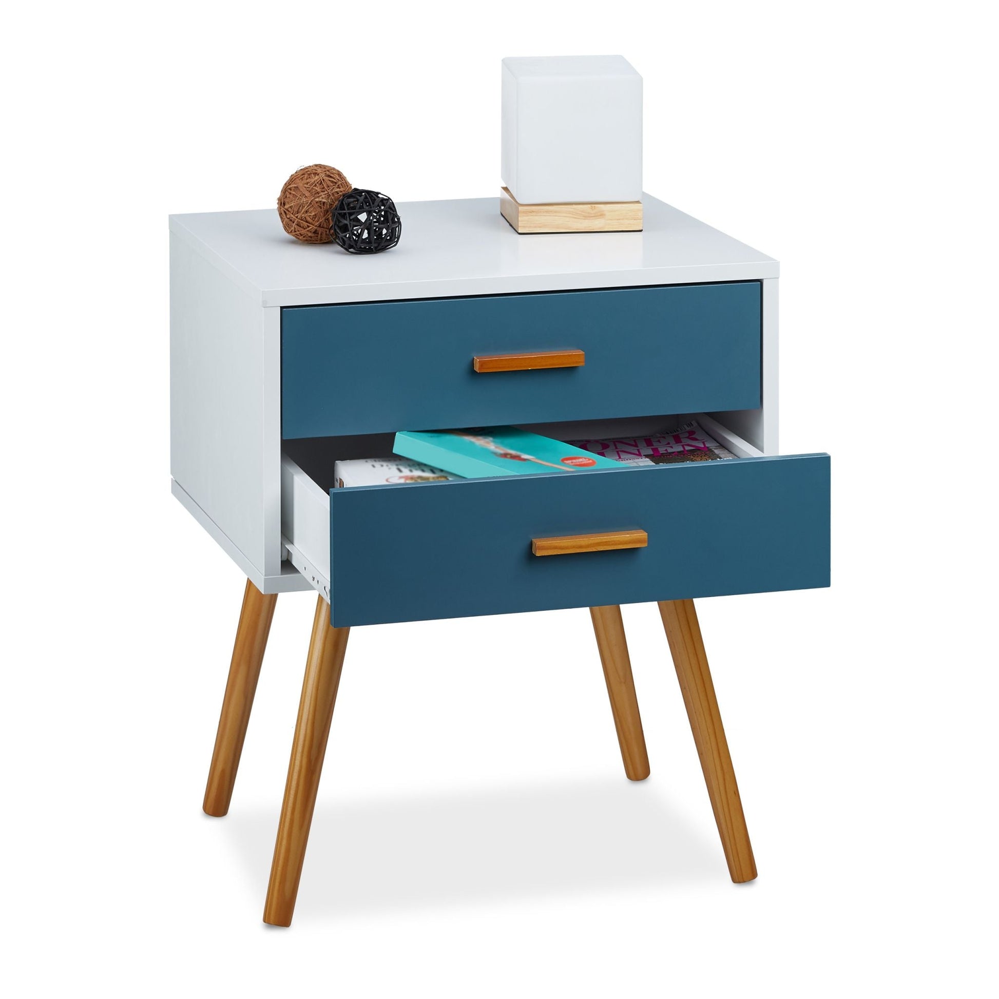 Beistellschrank Retro Weiss-Hellbraun-Türkis von Relaxdays