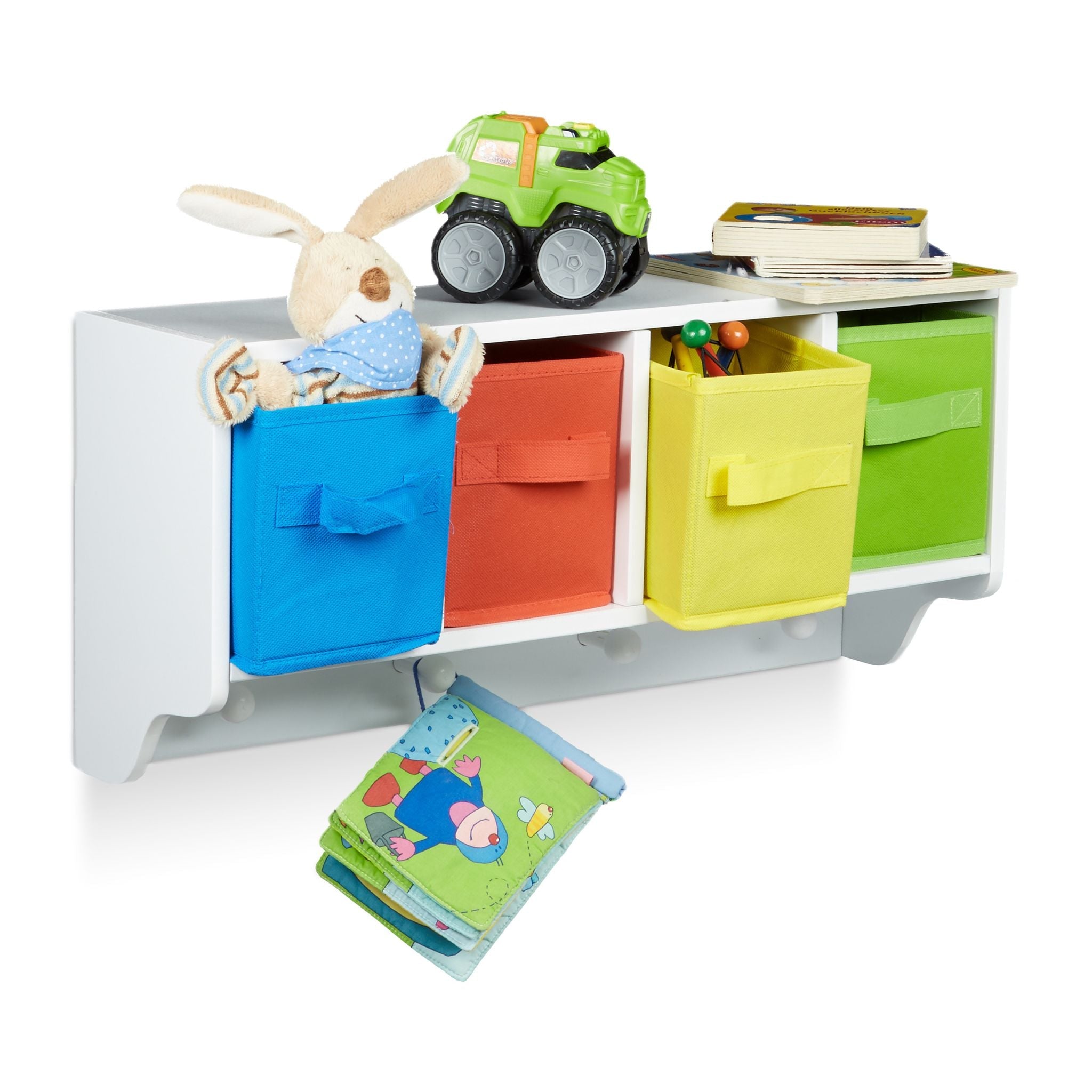 Kinder Wandregal mit Kleiderhaken ALBUS Weiss-Hellblau-Rot von Relaxdays
