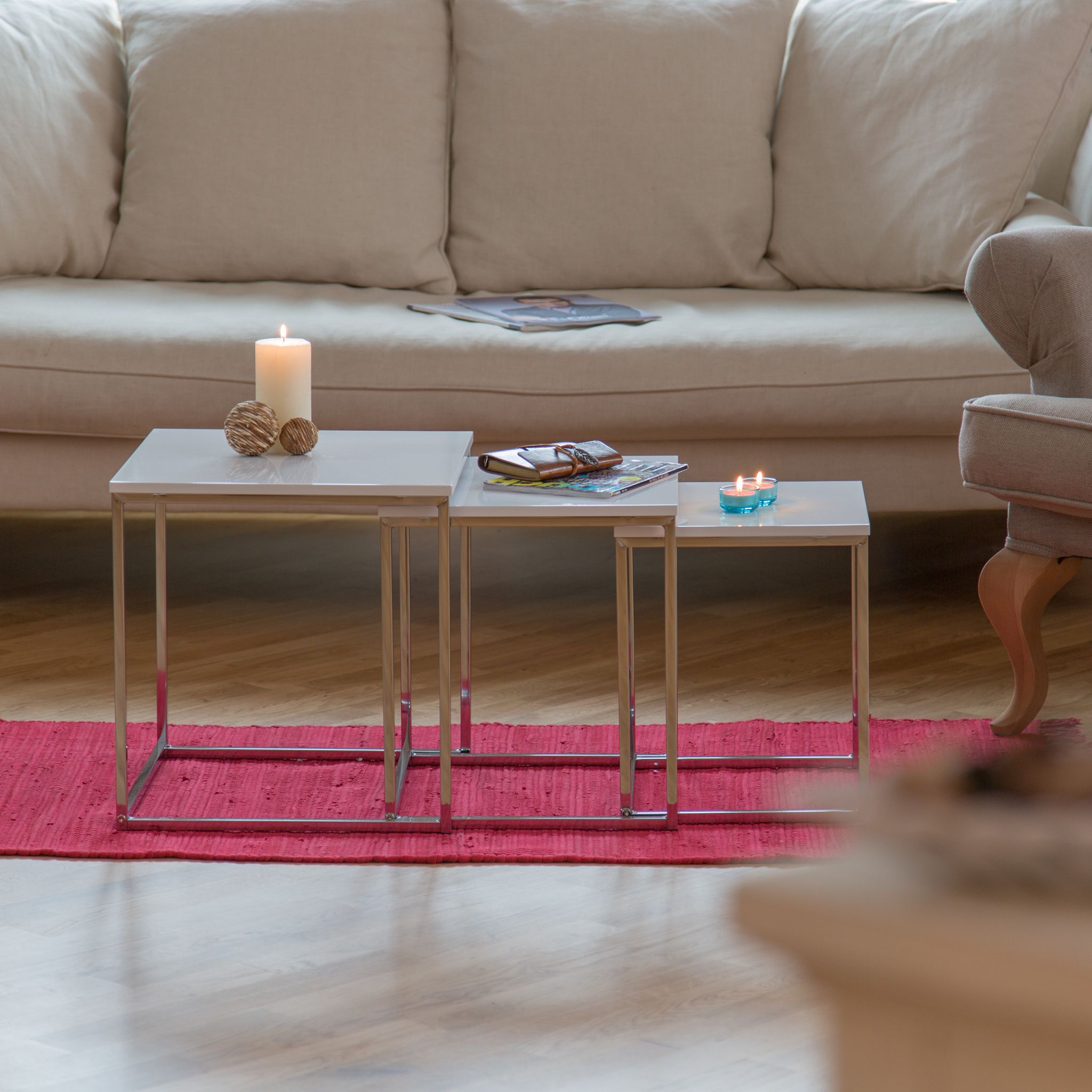 Beistelltische 3er-Set Metallbeine Weiss-Silber von Relaxdays