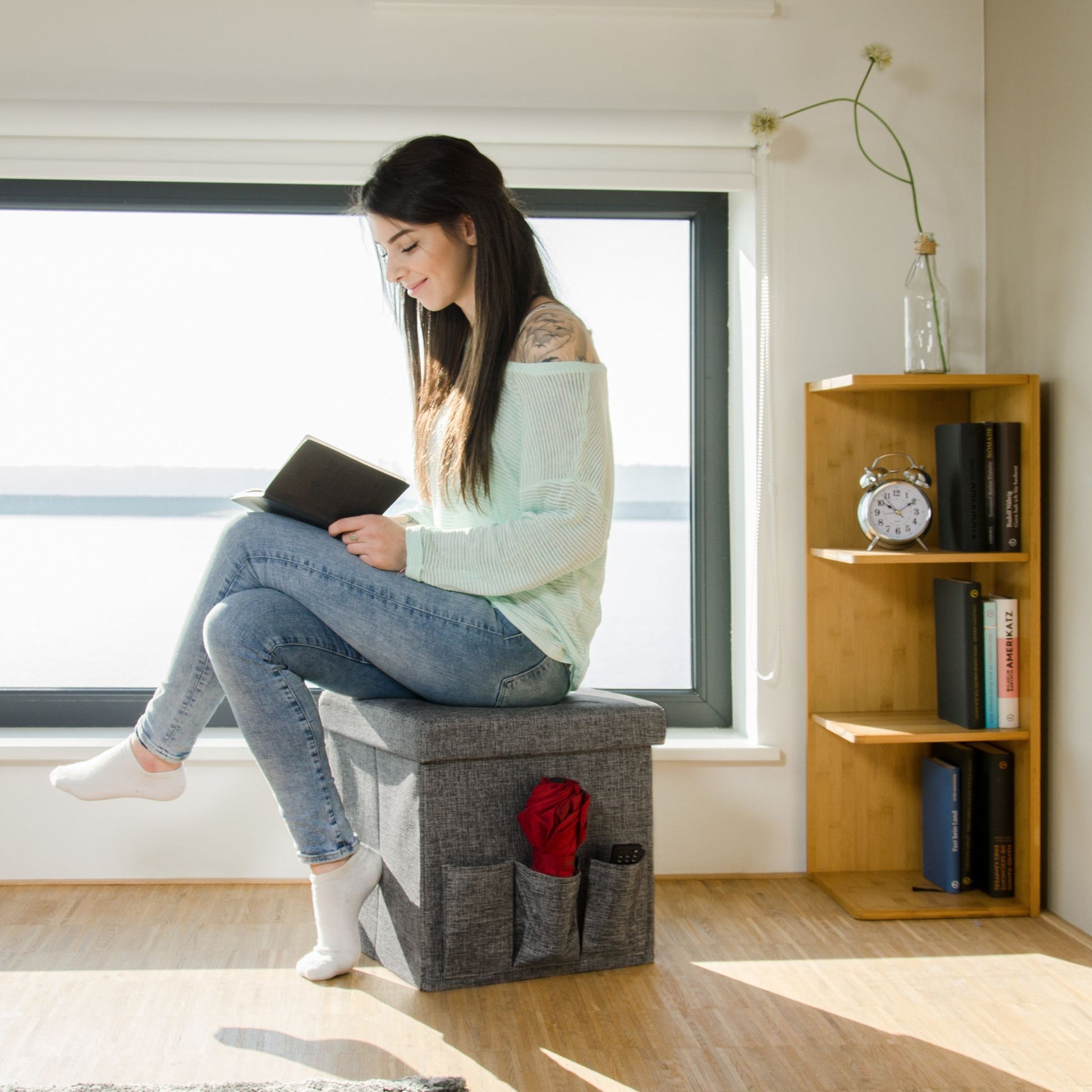 Faltbarer Sitzhocker mit Taschen Leinen Grau von Relaxdays