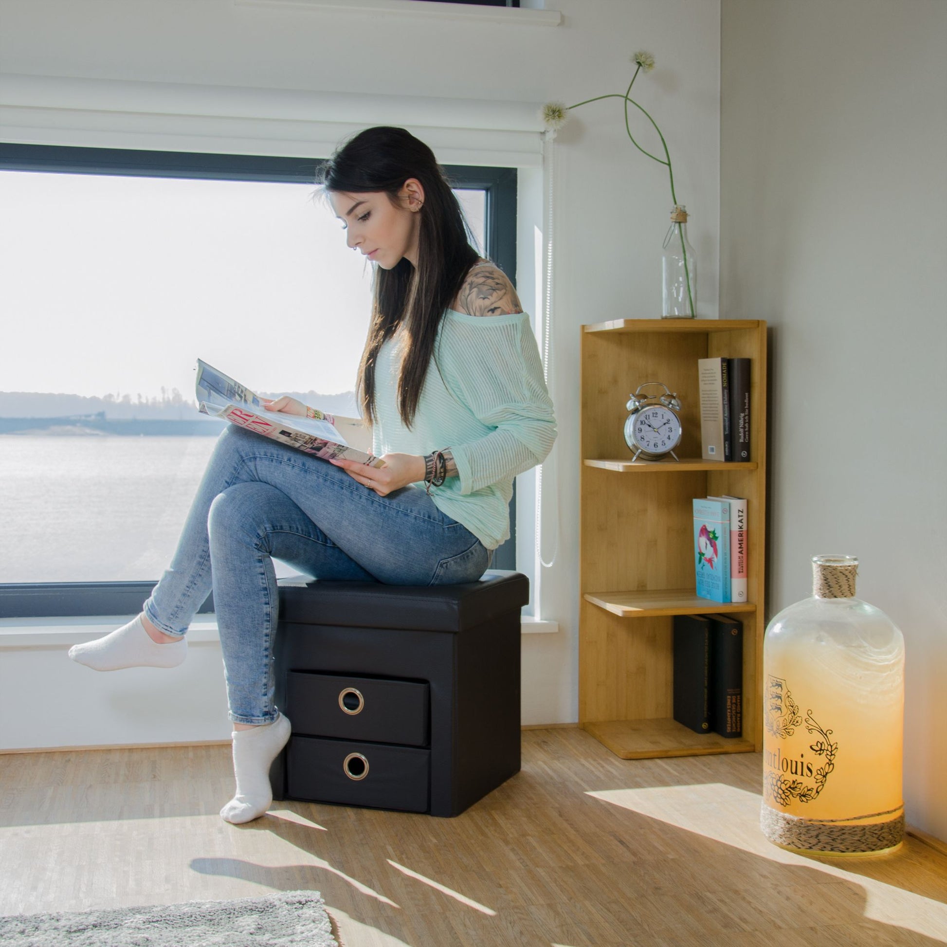 Sitzhocker Kunstleder mit 2 Fächern Schwarz-Silber von Relaxdays