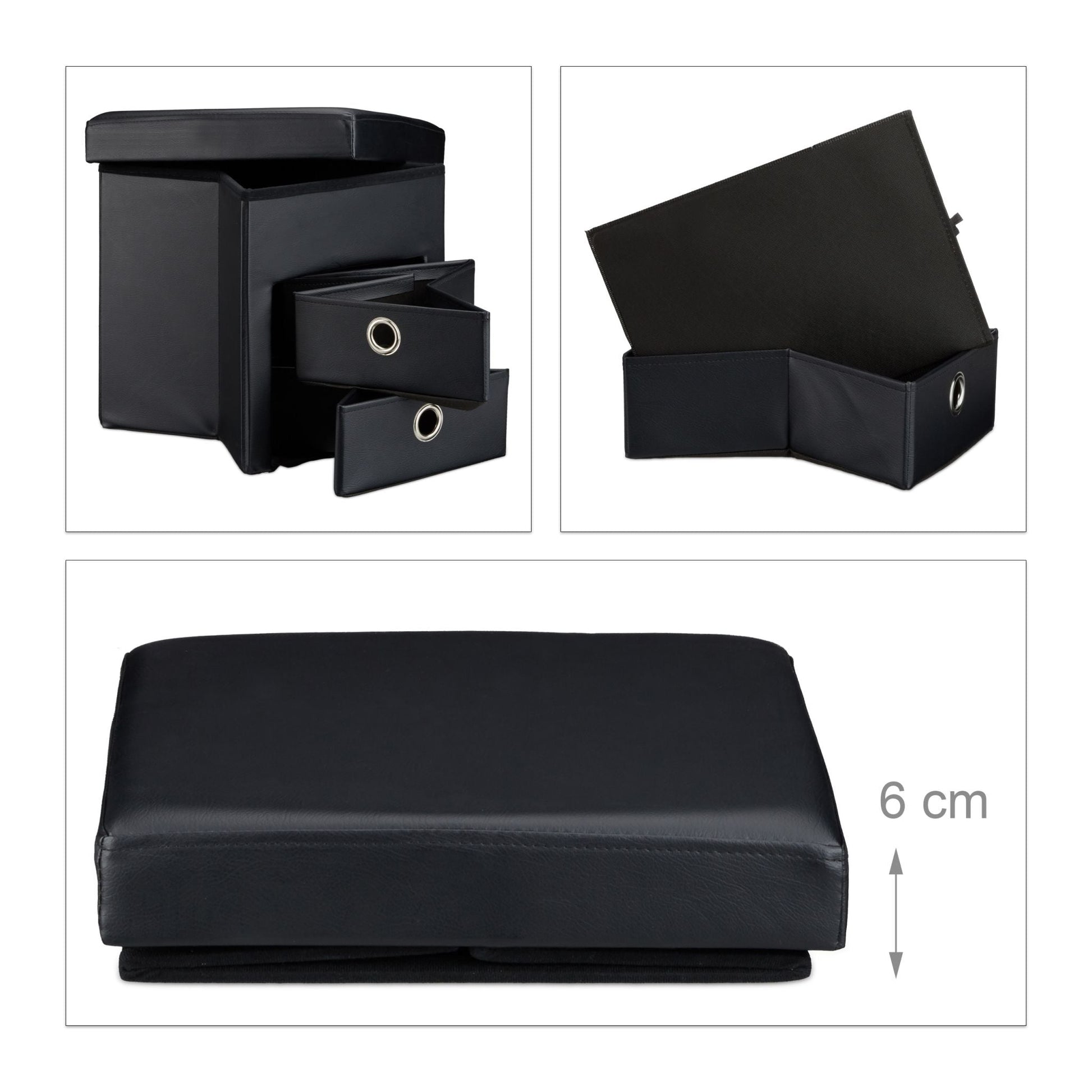 Sitzhocker Kunstleder mit 2 Fächern Schwarz-Silber von Relaxdays