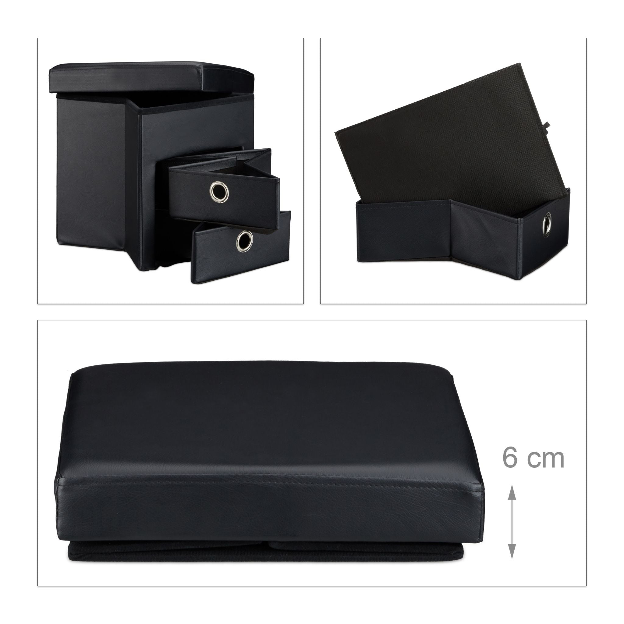 Sitzhocker Kunstleder mit 2 Fächern Schwarz-Silber von Relaxdays