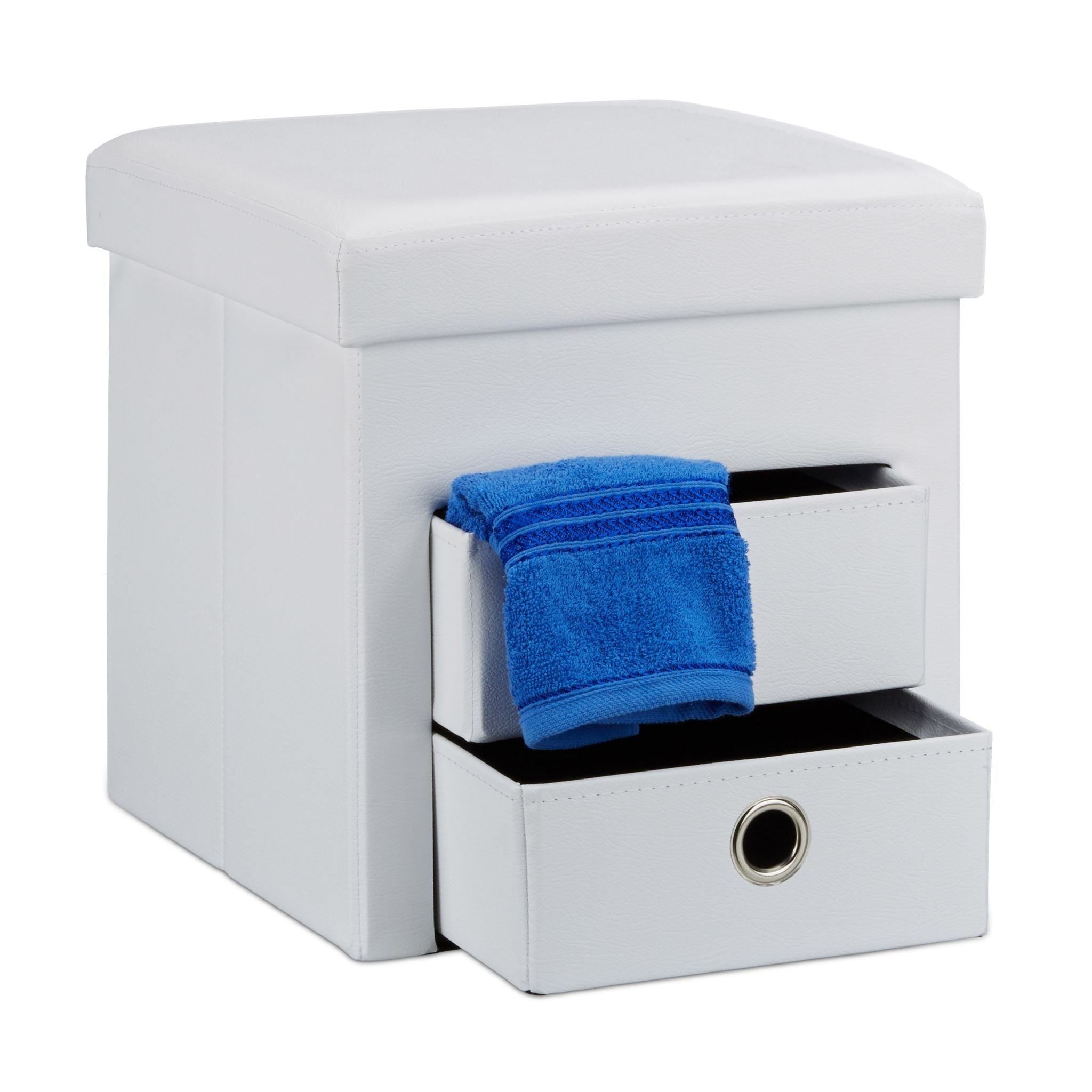 Sitzhocker Kunstleder mit 2 Fächern Weiss-Silber von Relaxdays