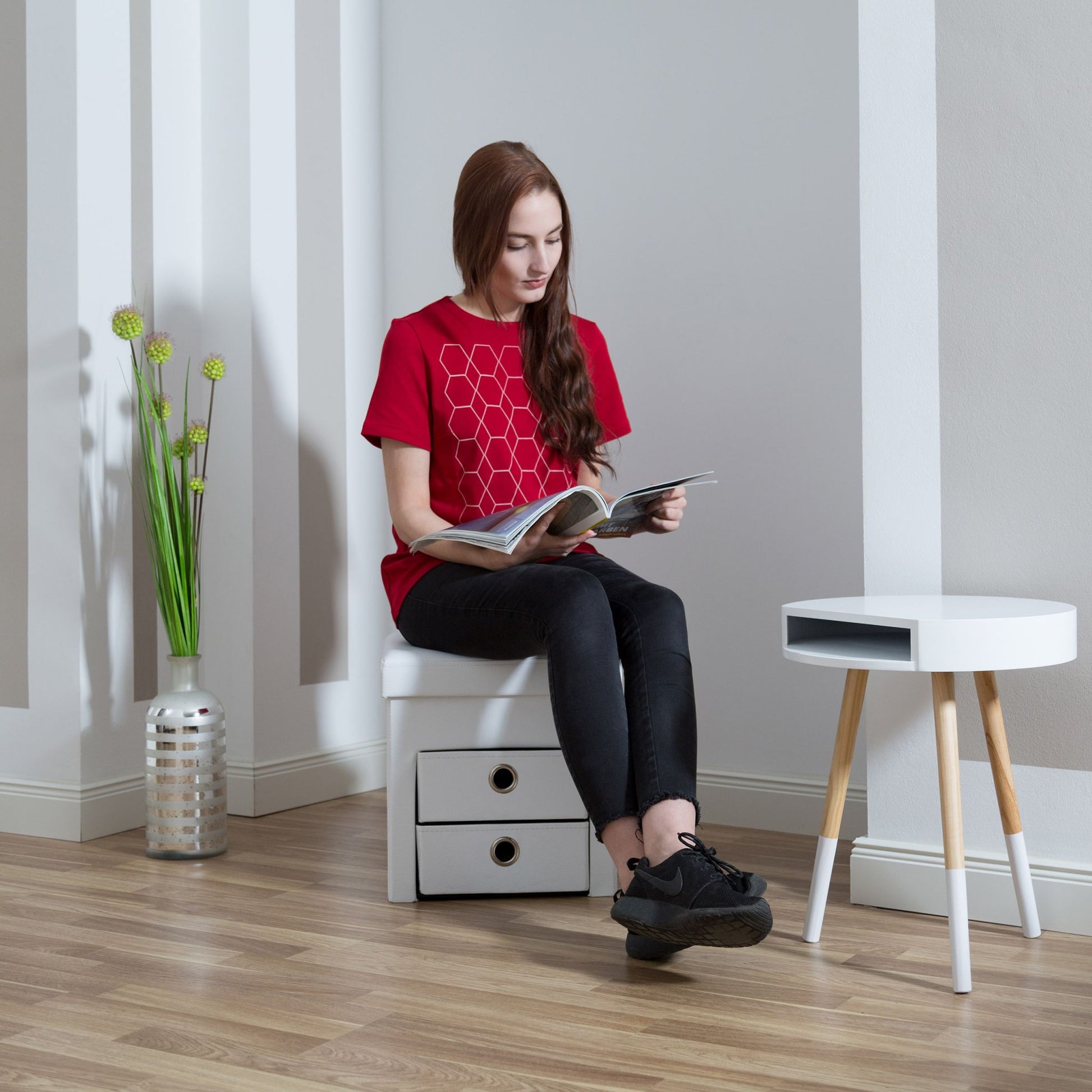 Sitzhocker Kunstleder mit 2 Fächern Weiss-Silber von Relaxdays