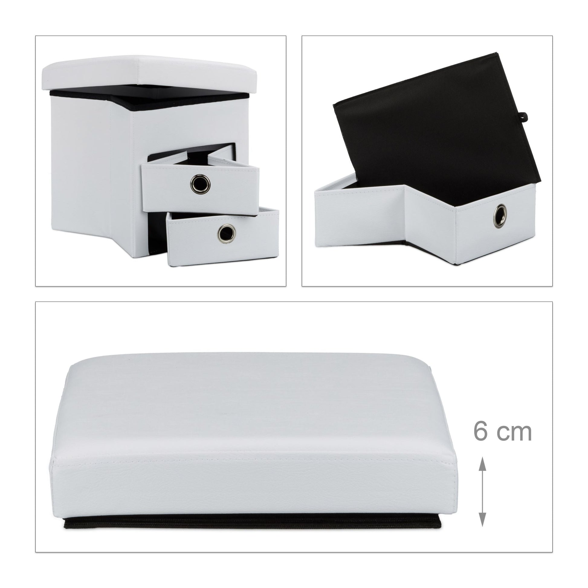 Sitzhocker Kunstleder mit 2 Fächern Weiss-Silber von Relaxdays