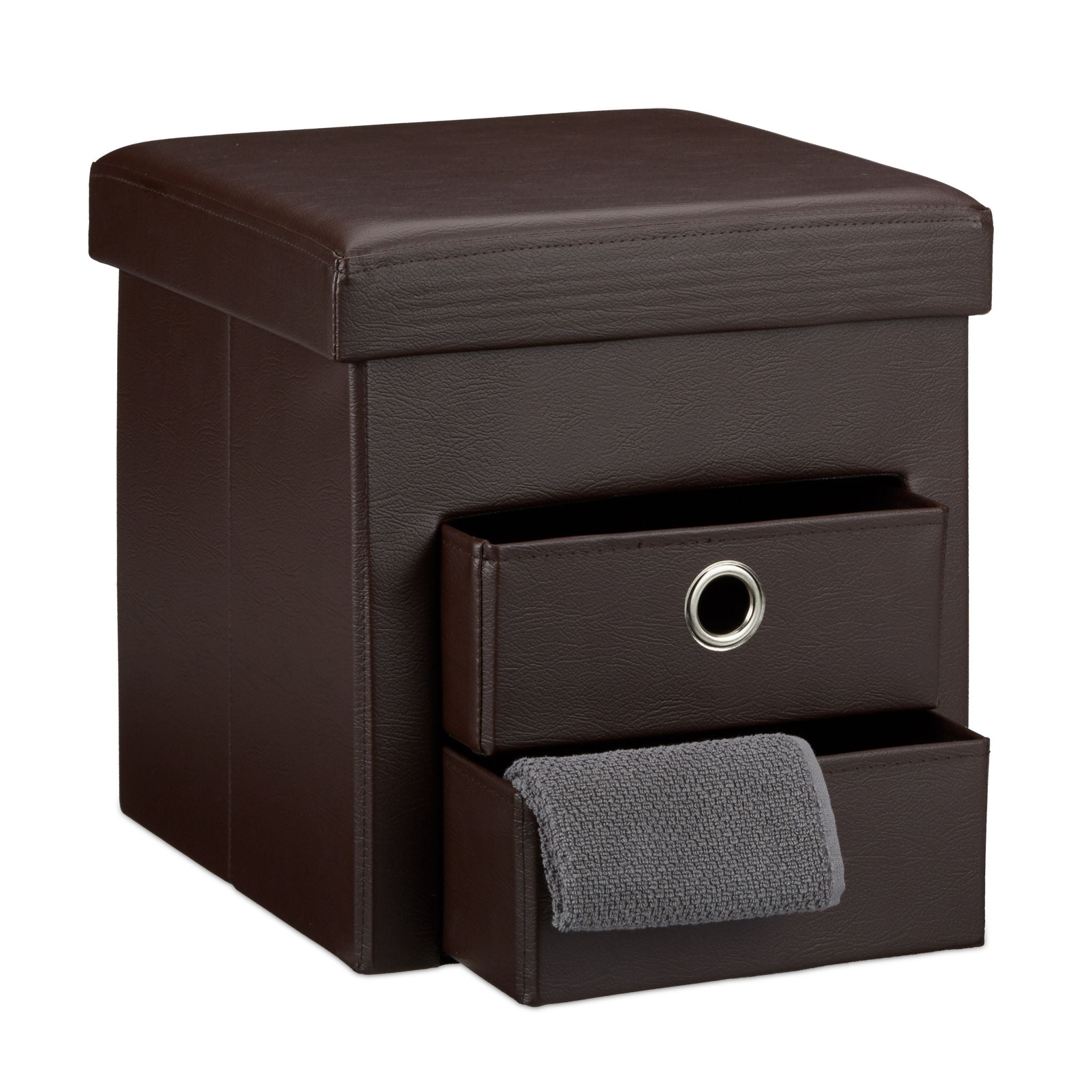 Sitzhocker Kunstleder mit 2 Fächern Dunkelbraun-Silber von Relaxdays