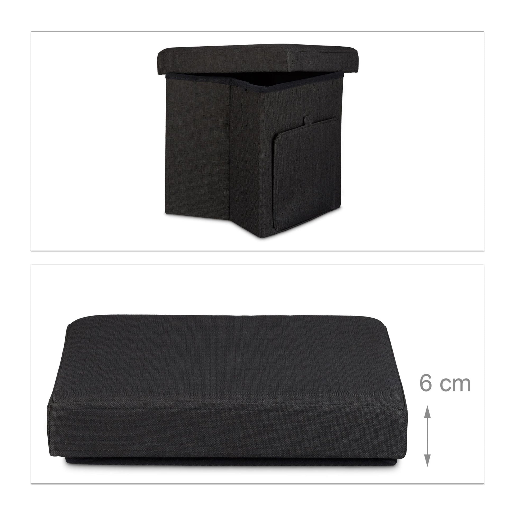 Faltbarer Sitzhocker mit Klappe Schwarz von Relaxdays