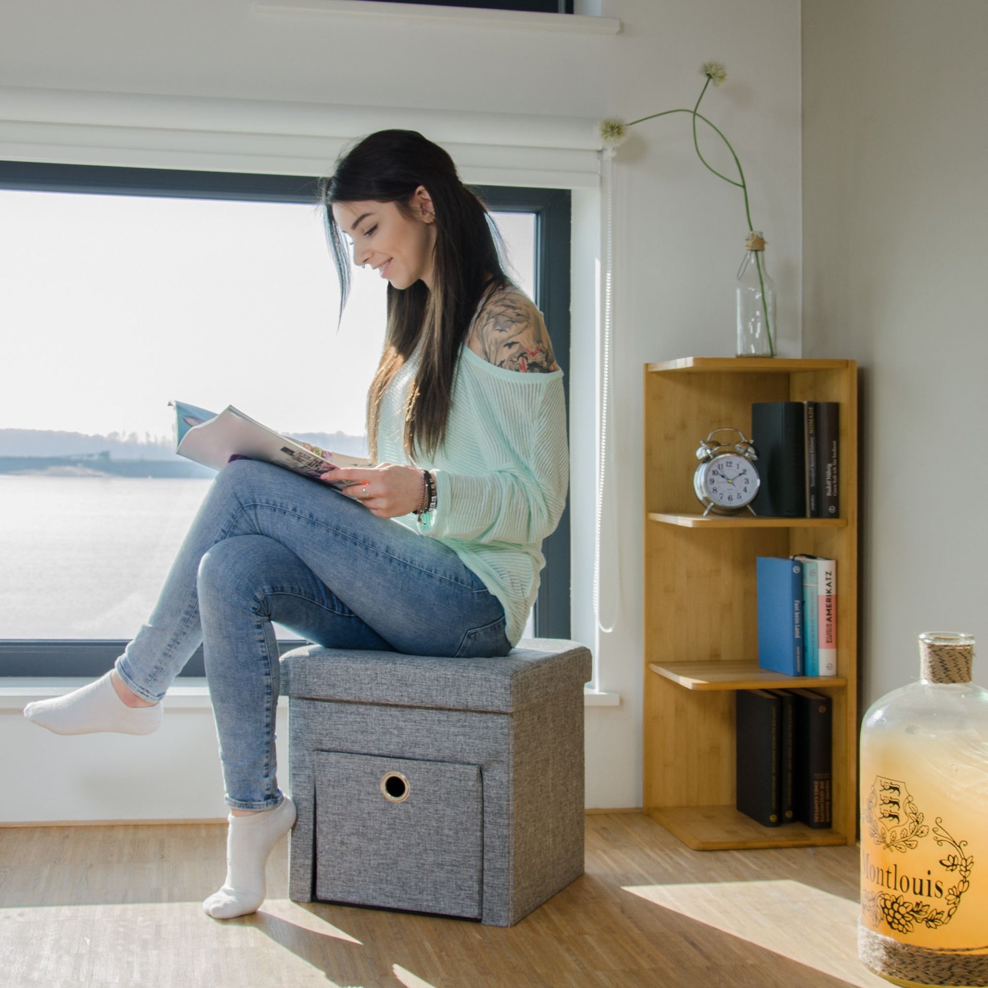 Faltbarer Sitzhocker Leinen mit Fach Grau von Relaxdays