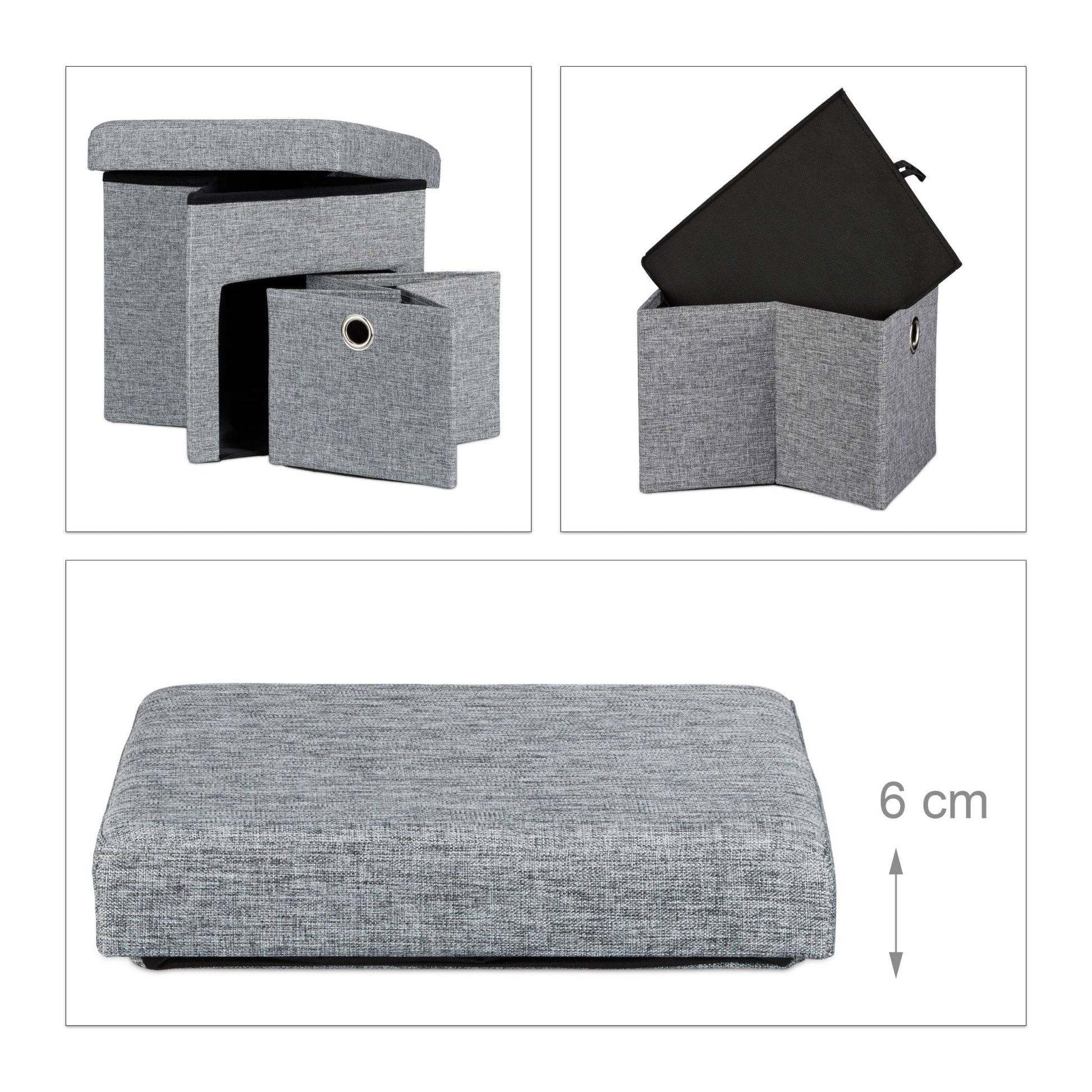Faltbarer Sitzhocker Leinen mit Fach Grau von Relaxdays