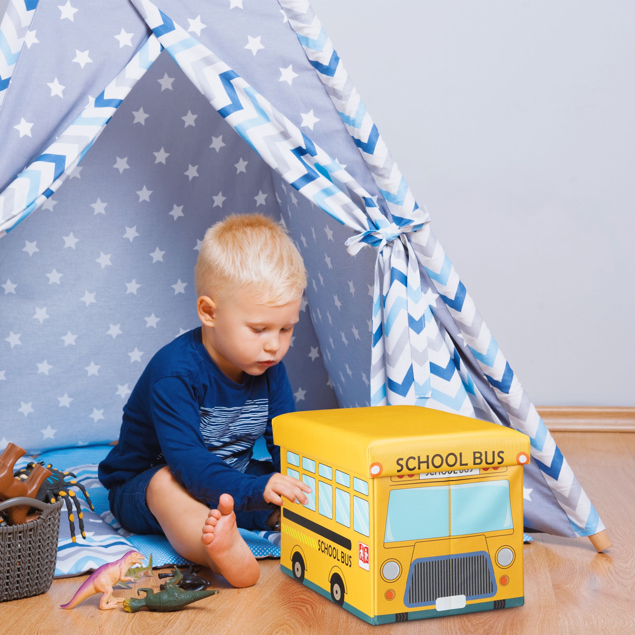 Faltbare Spielzeugkiste mit Stauraum Blau-Gelb-Grau von Relaxdays