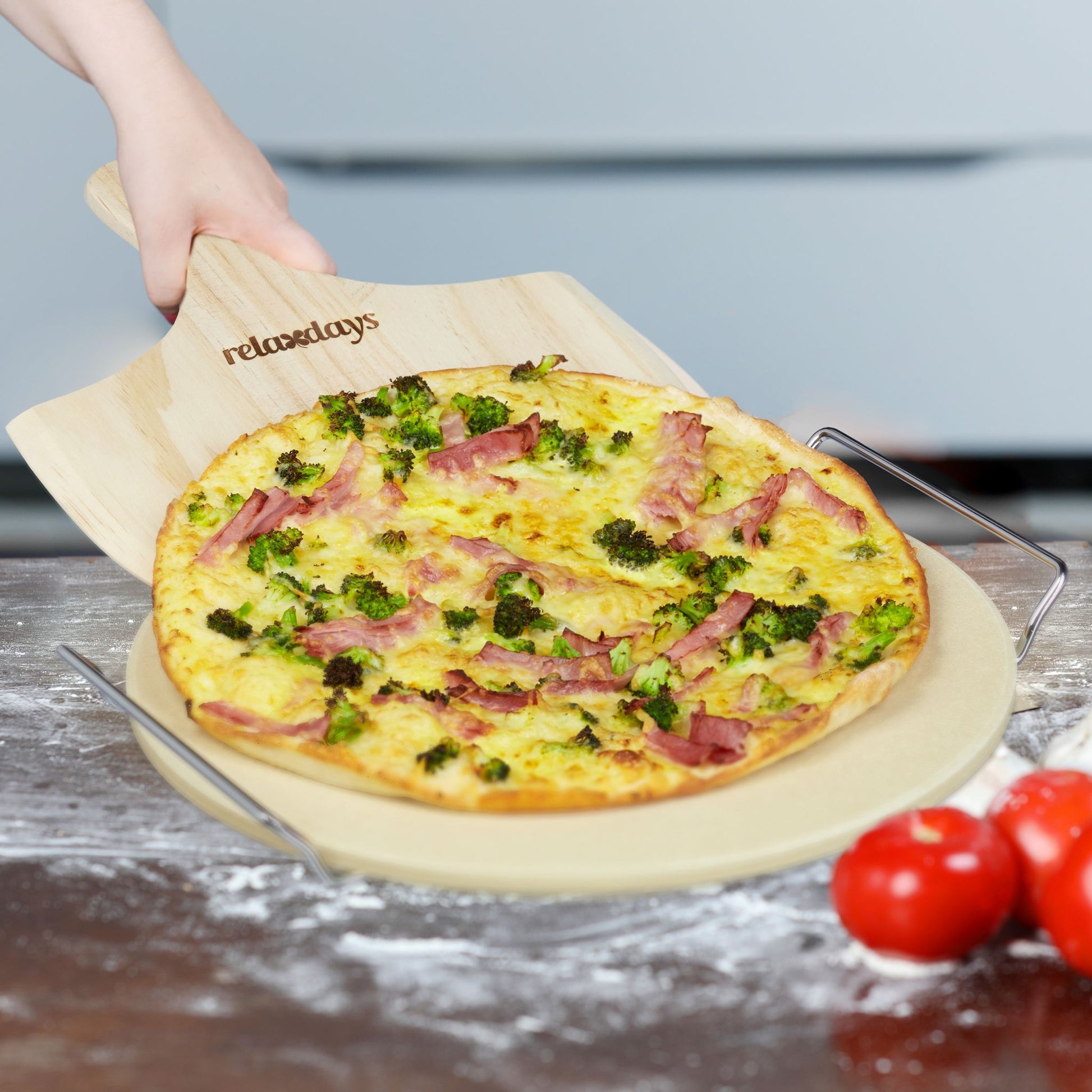 Pizzastein Set rund Hellbraun-Silber von Relaxdays