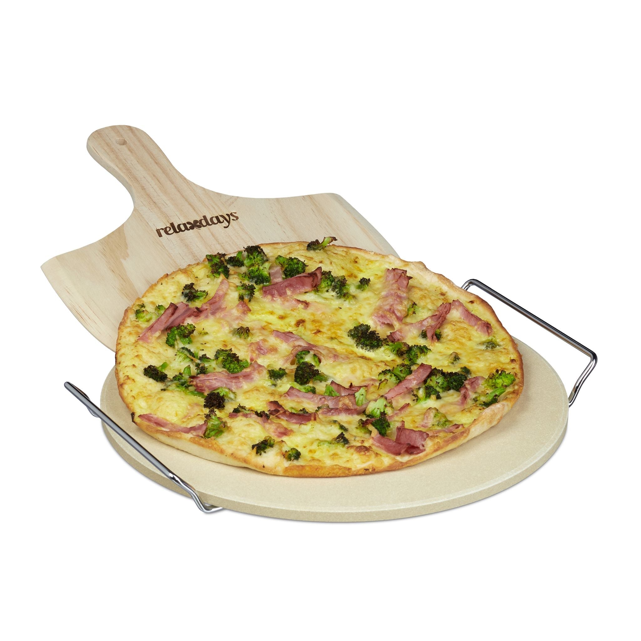 Pizzastein Set rund Hellbraun-Silber von Relaxdays