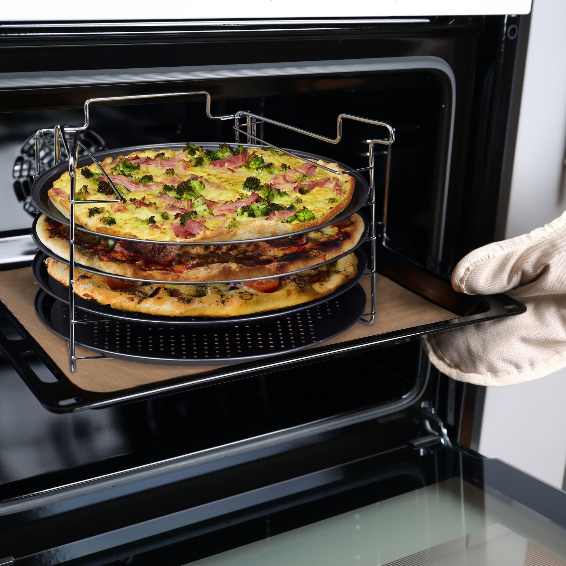 Pizzablech 4er-Set mit Ständer Anthrazit-Silber von Relaxdays