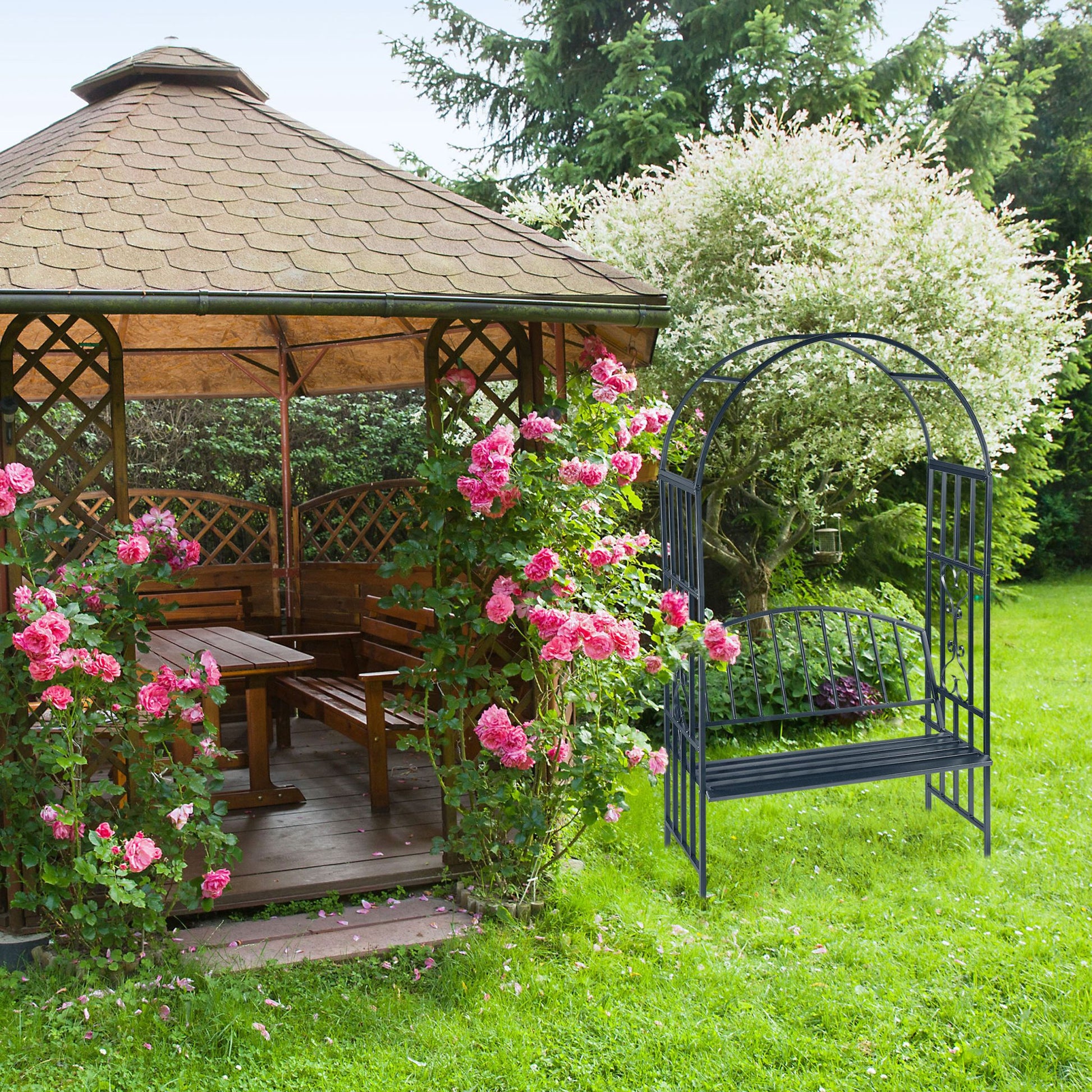 Rosenbogen mit 2er Sitzbank Anthrazit von Relaxdays