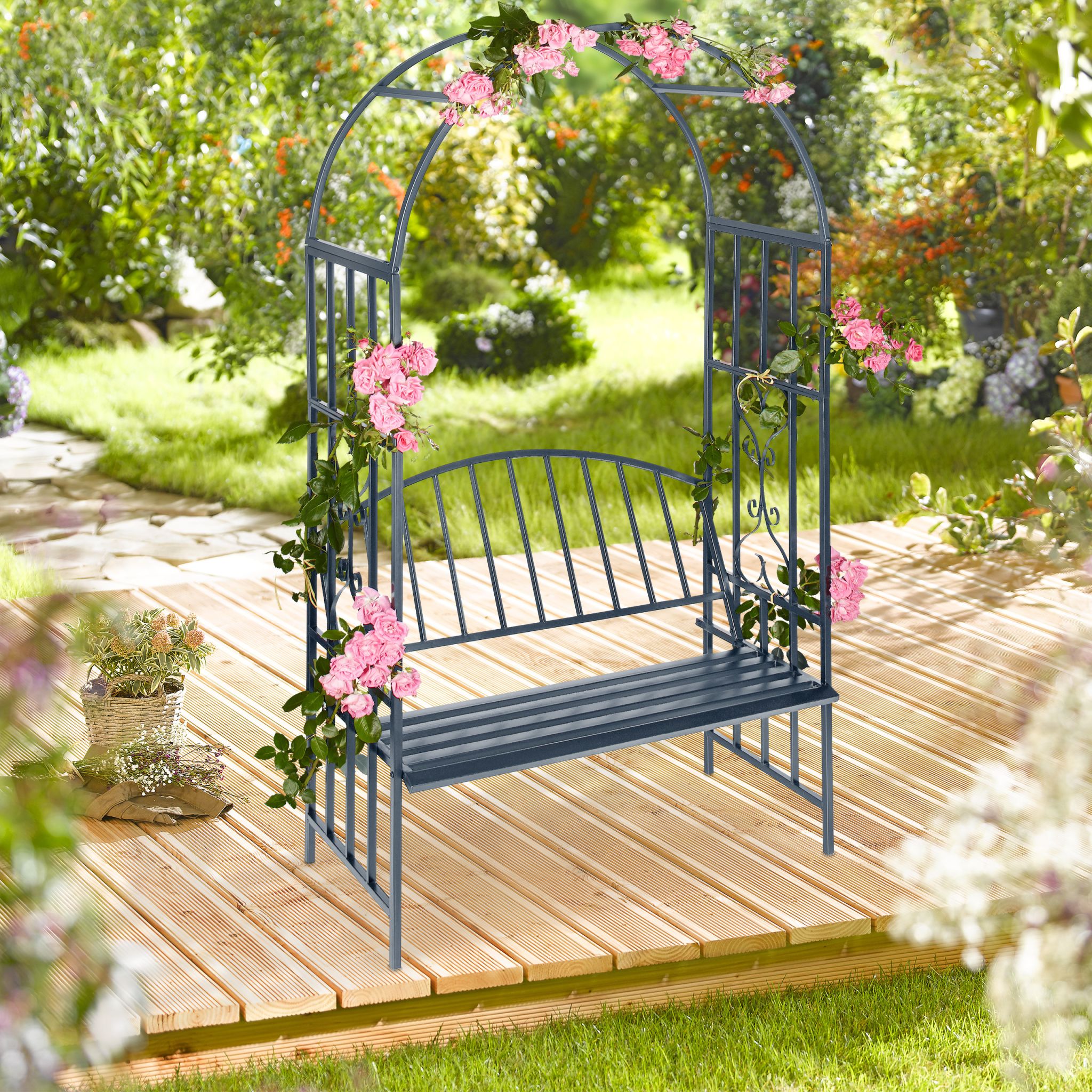 Rosenbogen mit 2er Sitzbank Anthrazit von Relaxdays