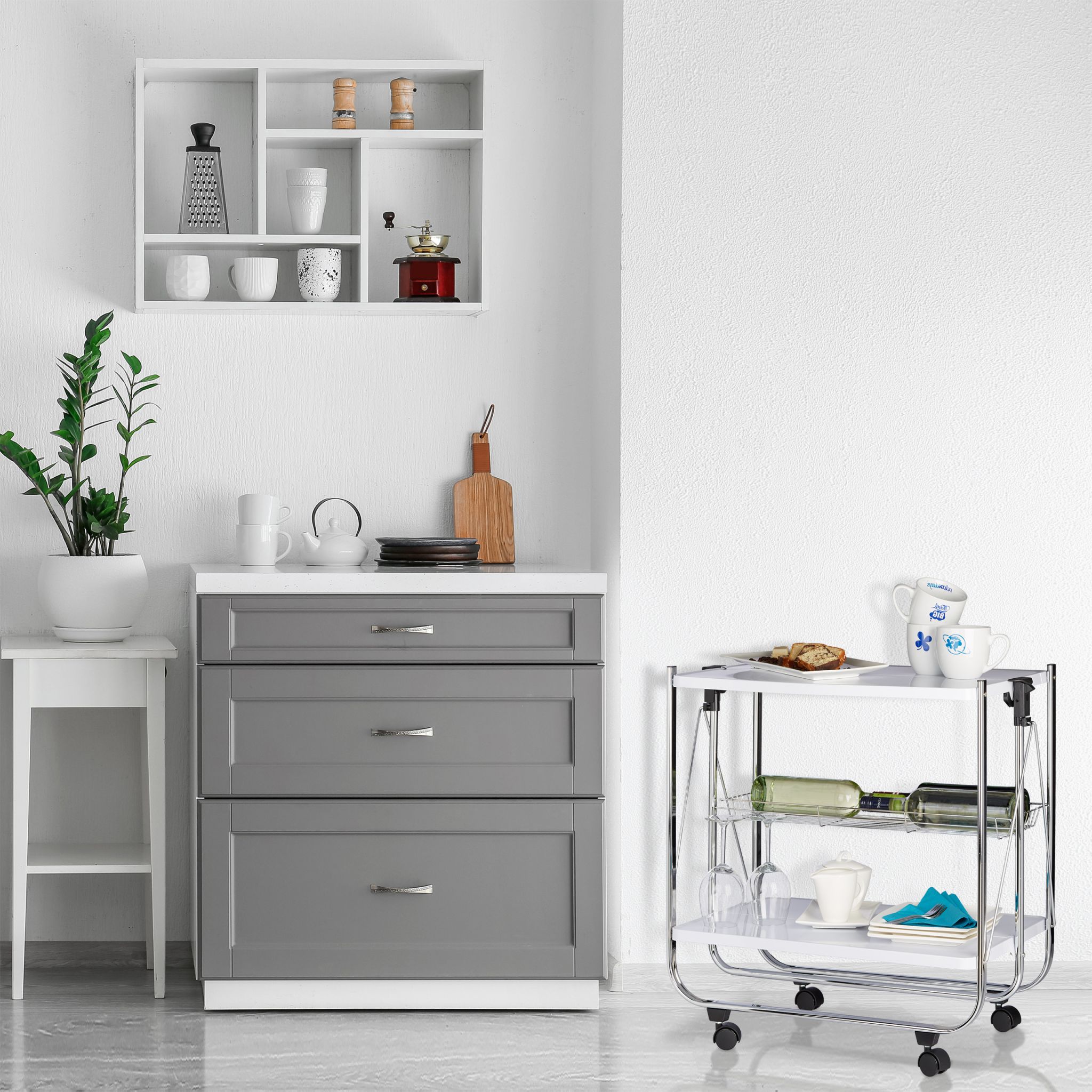 Serviertablett klappbar Weiss-Silber