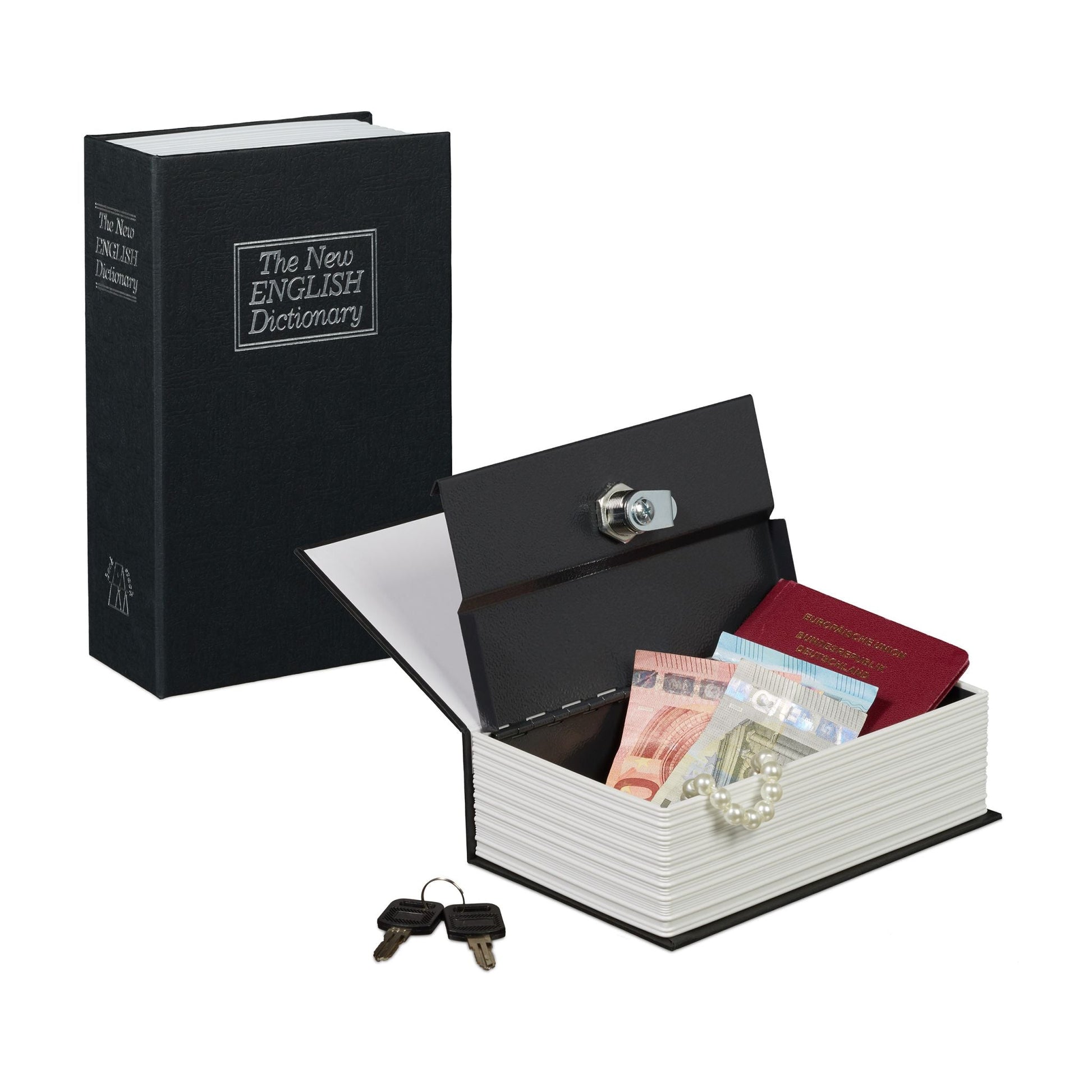Buchtresor klein verschliessbar Weiss-Schwarz-Silber von Relaxdays