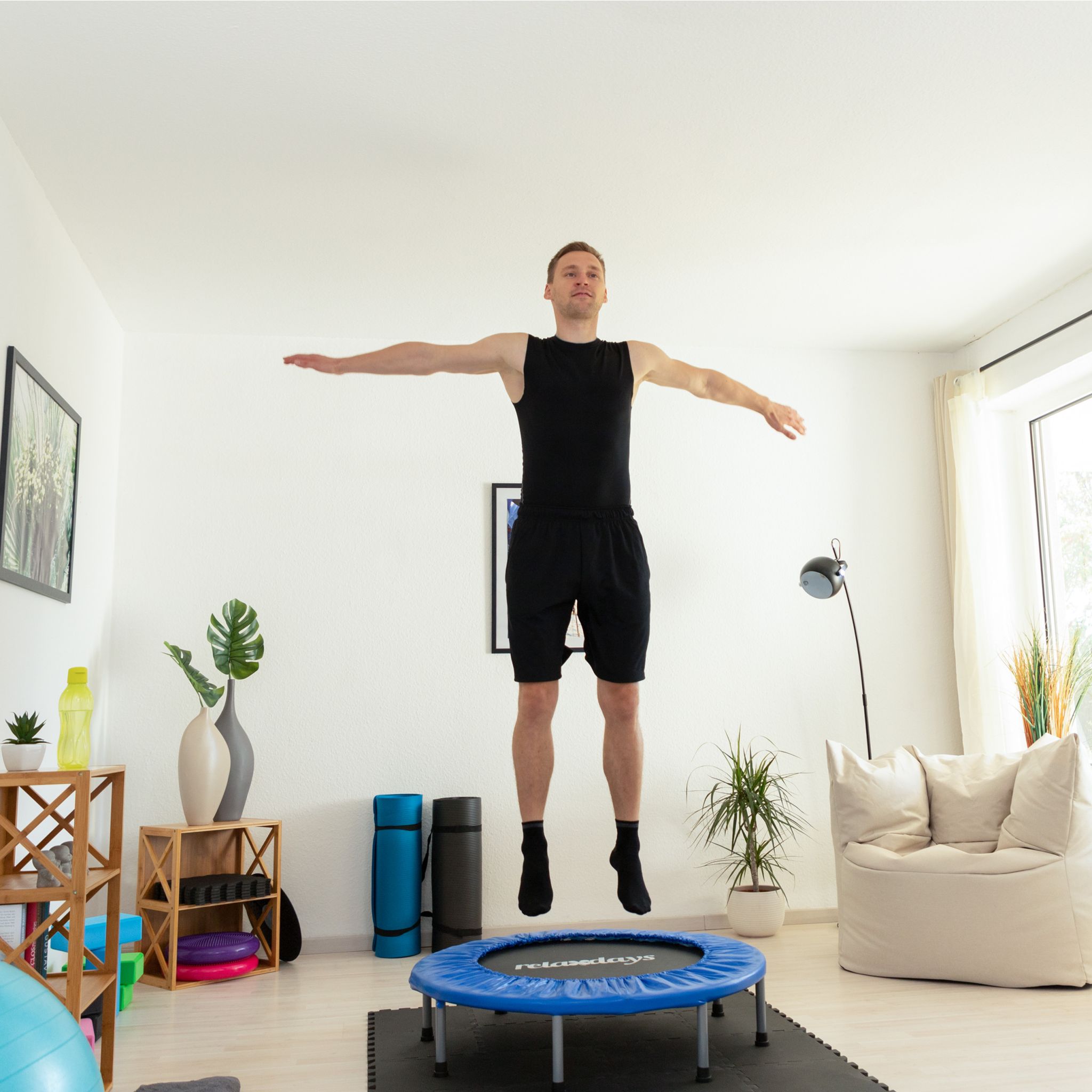 Trampolin faltbar Indoor Dunkelblau-Schwarz-Grau von Relaxdays