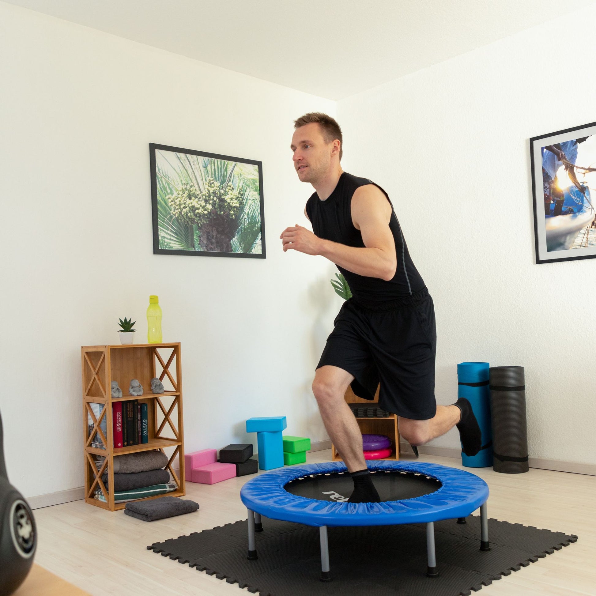 Trampolin faltbar Indoor Dunkelblau-Schwarz-Grau von Relaxdays