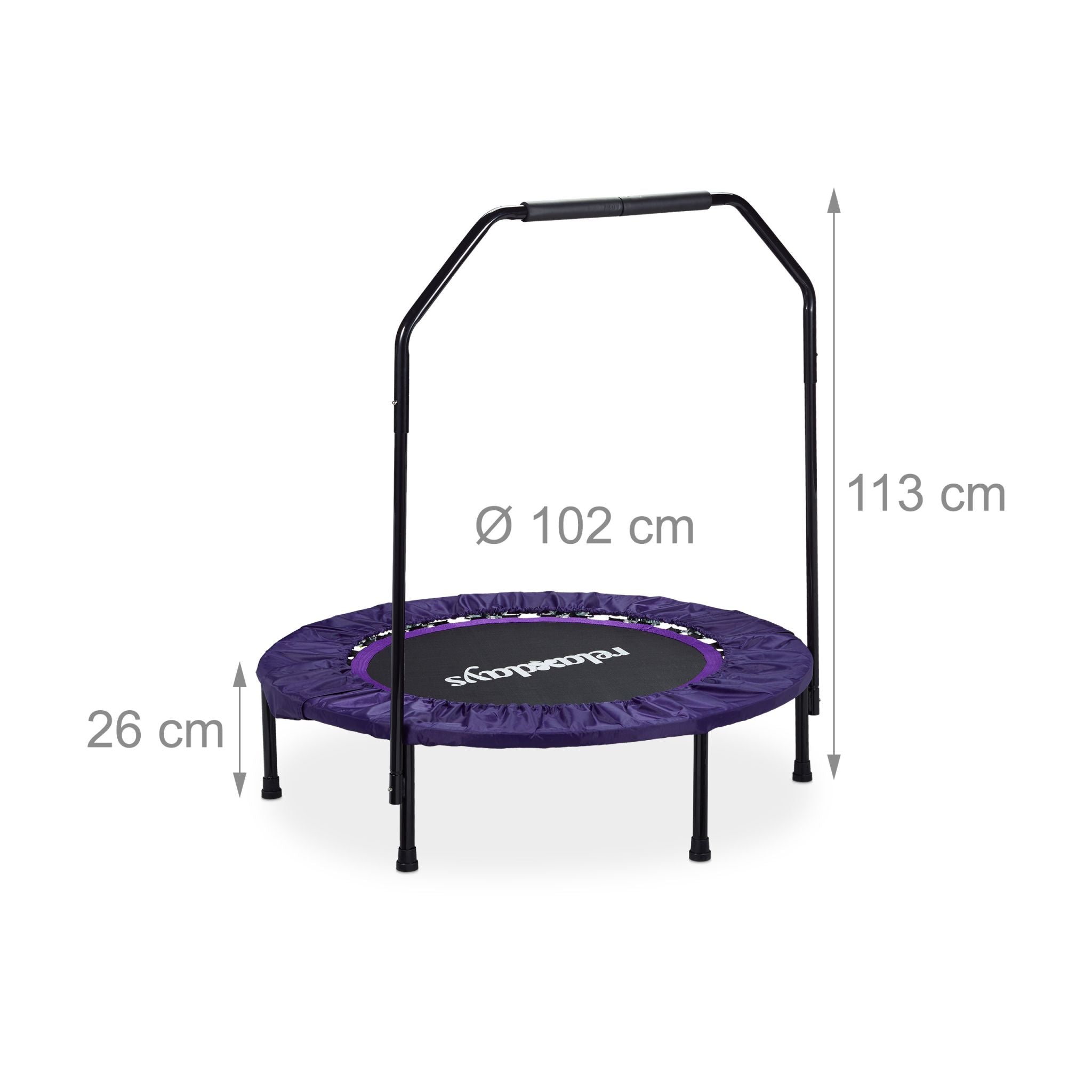 Trampolin faltbar mit Haltestange Weiss-Lila-Schwarz von Relaxdays