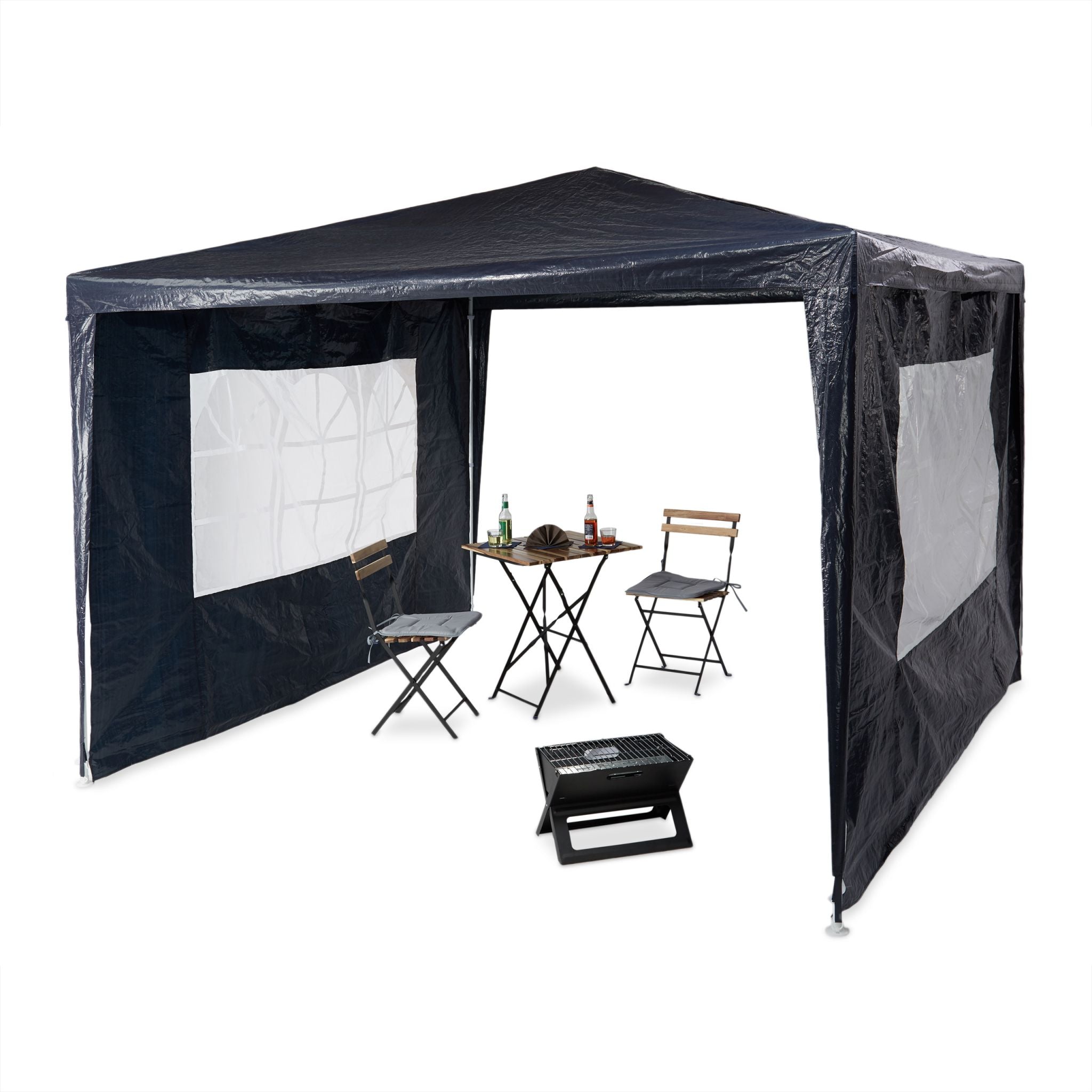 Pavillon 3x3 m mit 2 Seitenteilen Weiss-Dunkelblau-Transparent von Relaxdays