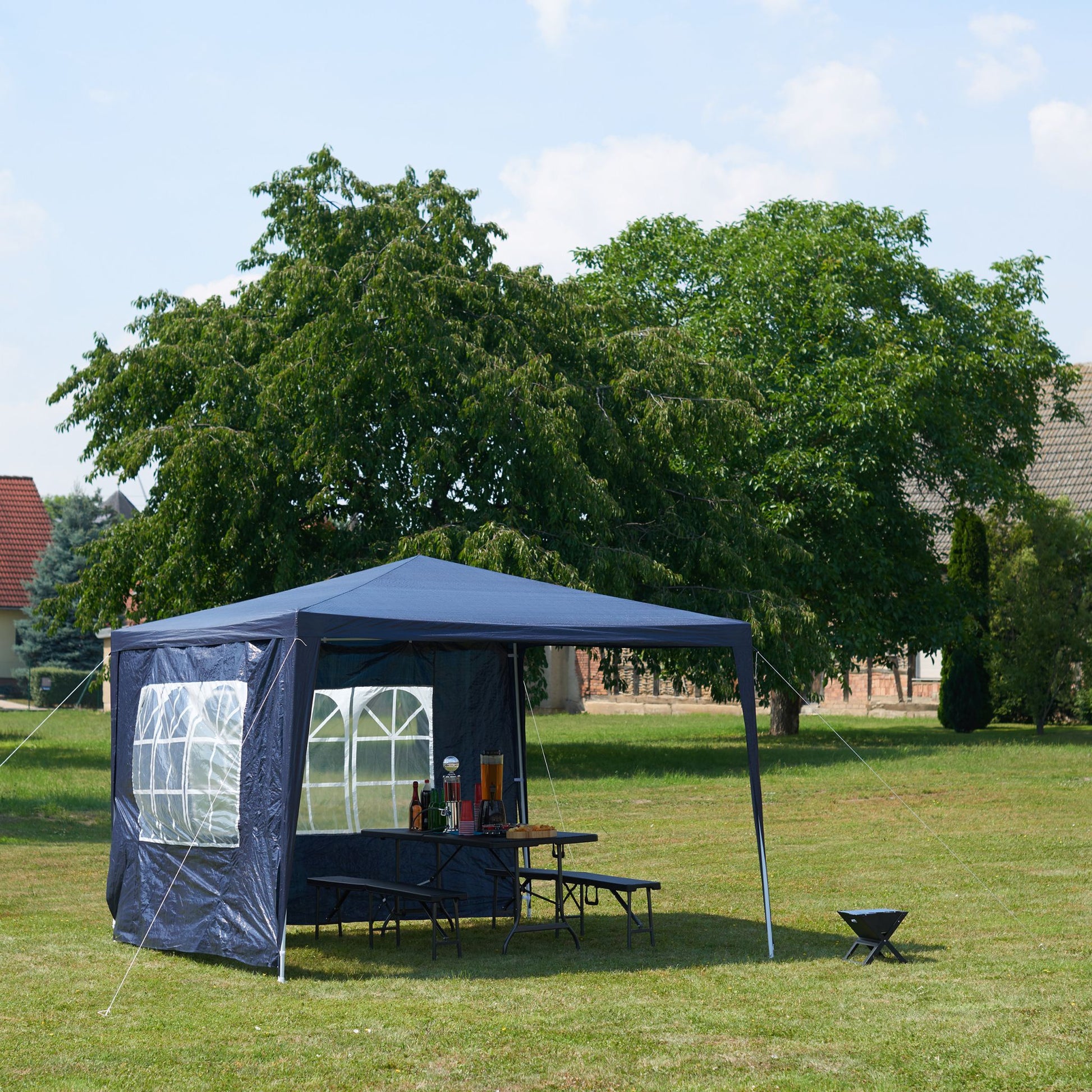 Pavillon 3x3 m mit 2 Seitenteilen Weiss-Dunkelblau-Transparent von Relaxdays