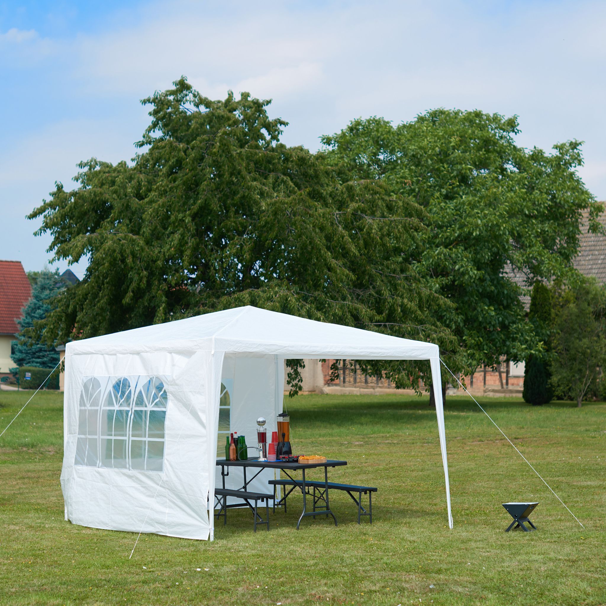 Pavillon 3x3 m mit 2 Seitenteilen Weiss-Transparent von Relaxdays