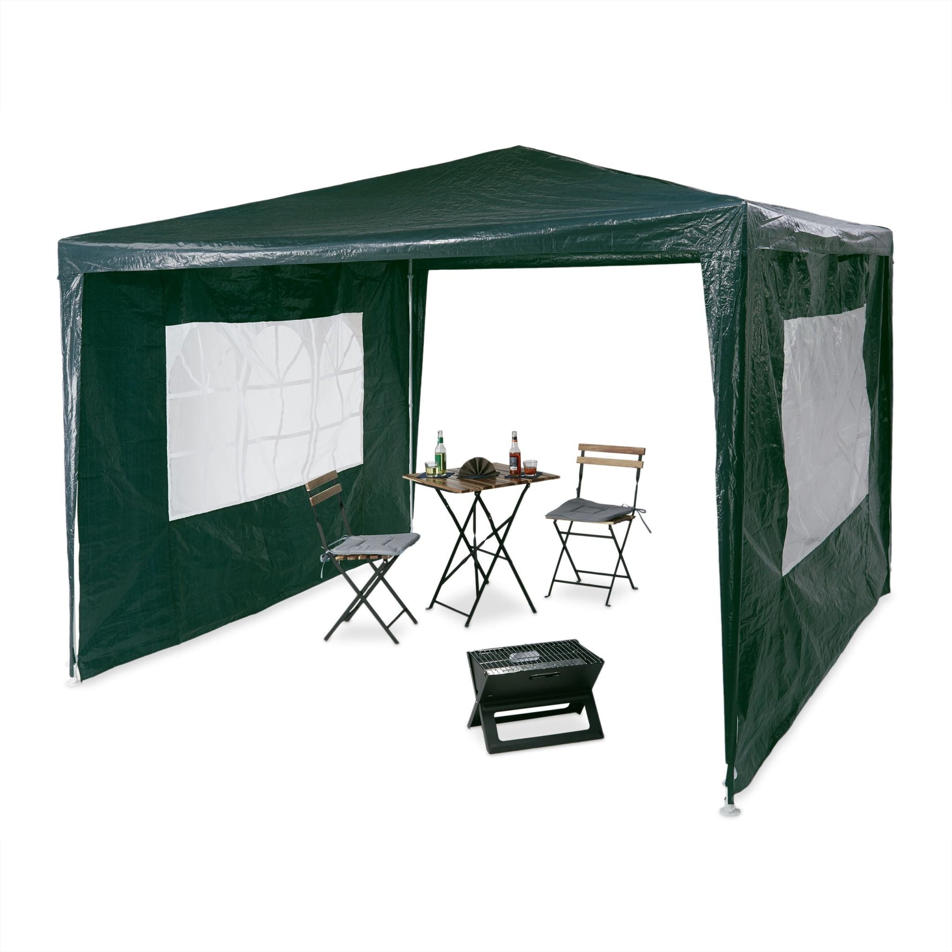 Pavillon 3x3 m mit 2 Seitenteilen Weiss-Dunkelgrün-Transparent von Relaxdays