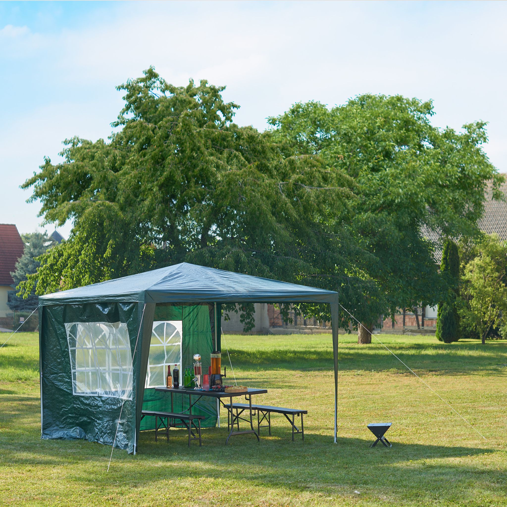 Pavillon 3x3 m mit 2 Seitenteilen Weiss-Dunkelgrün-Transparent von Relaxdays