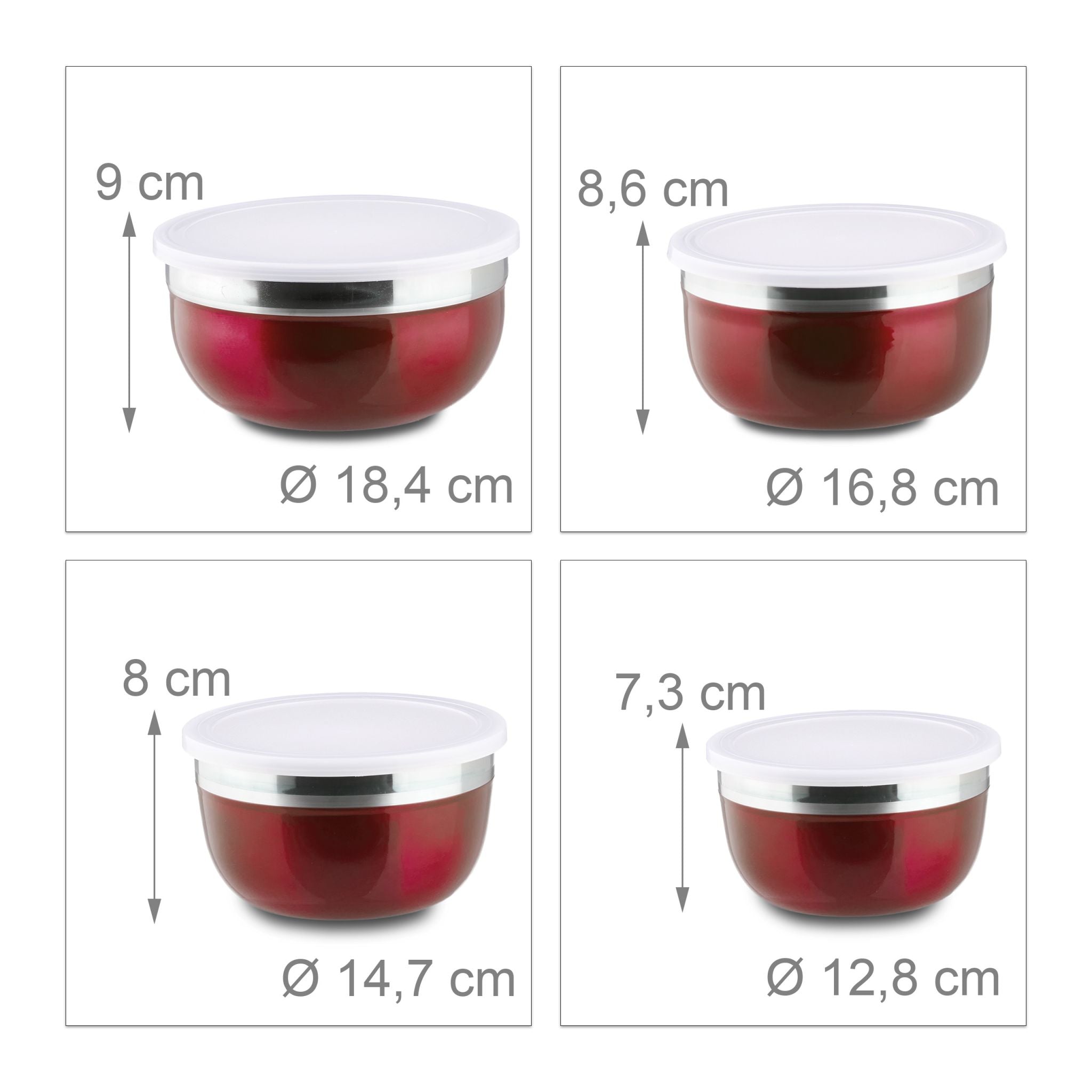 Schüssel Set mit Deckel 4-teilig Rot-Silber von Relaxdays