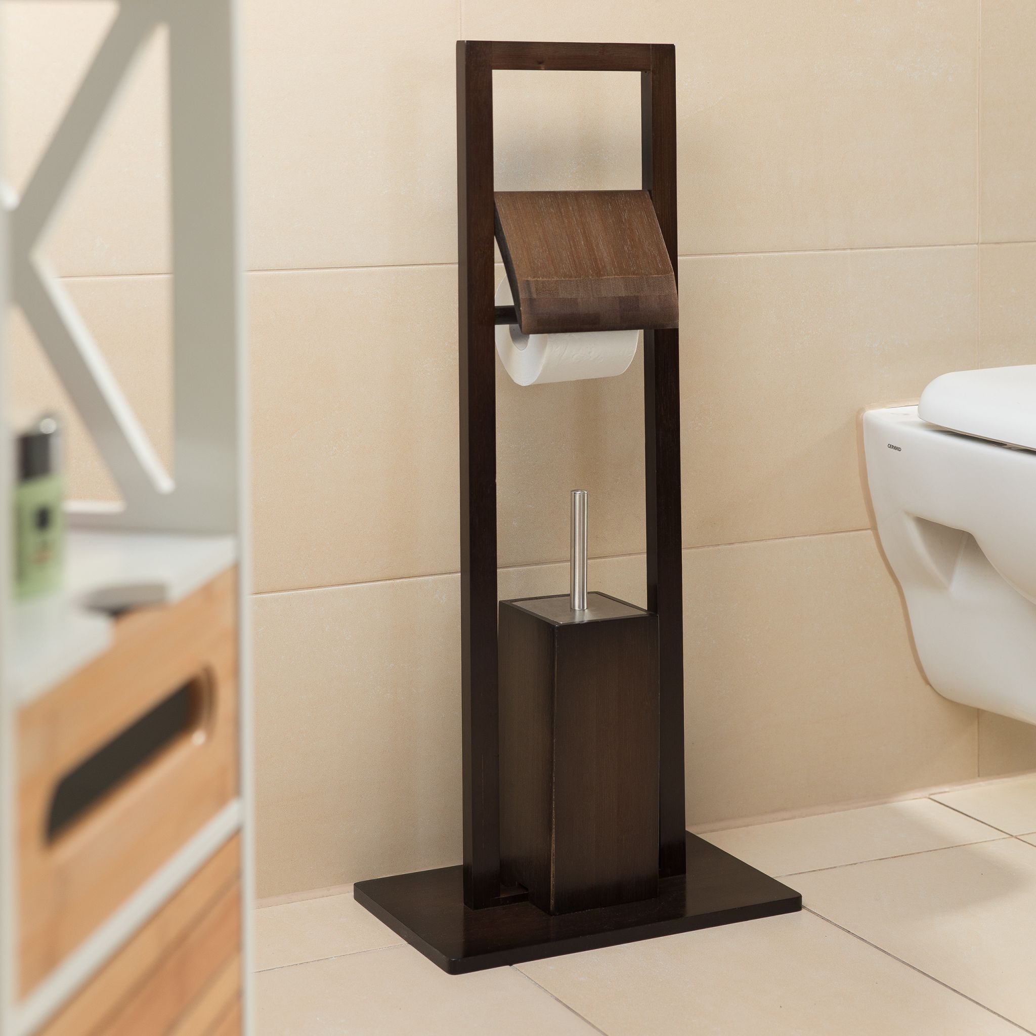 WC Garnitur Bambus Weiss-Dunkelbraun-Silber von Relaxdays