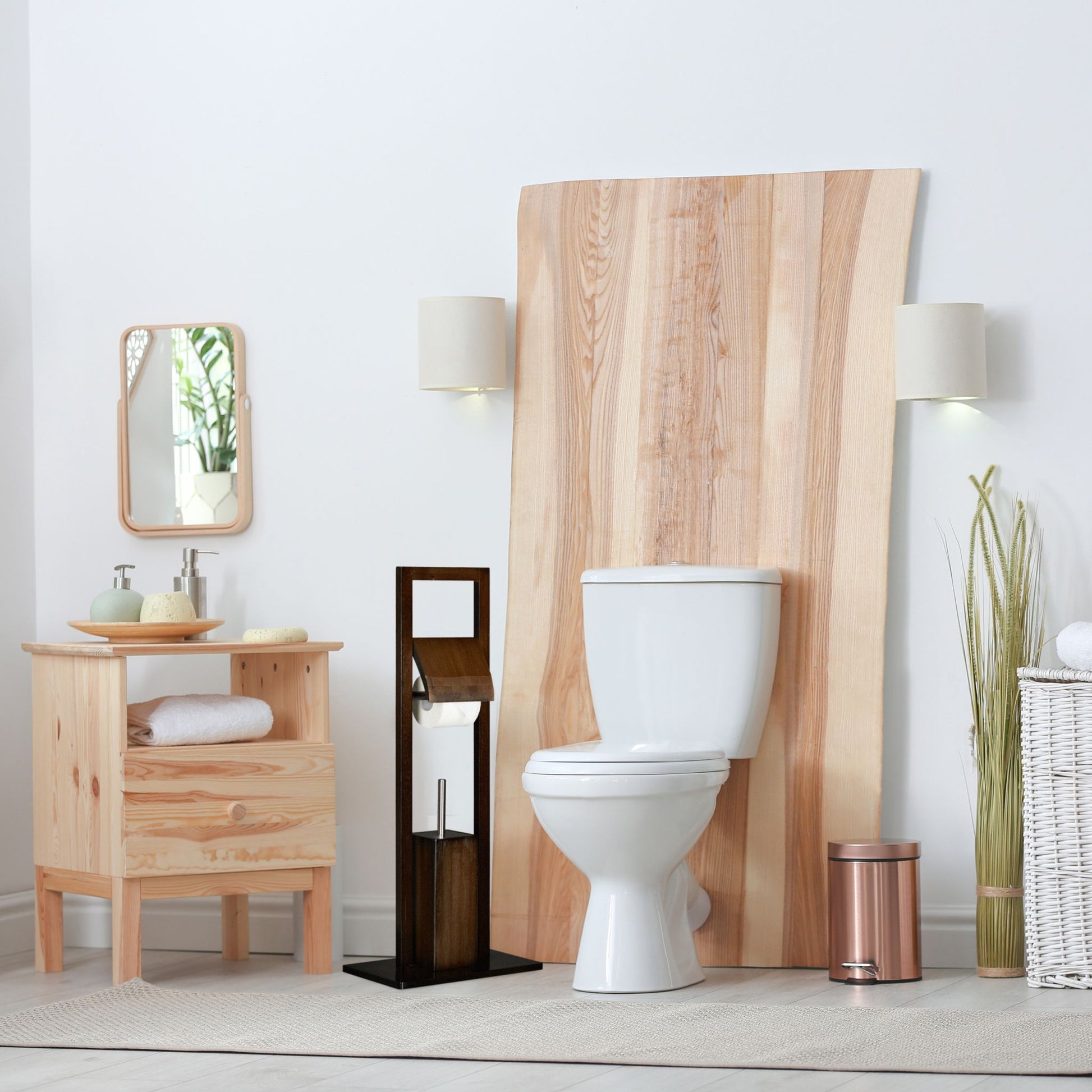 WC Garnitur Bambus Weiss-Dunkelbraun-Silber von Relaxdays