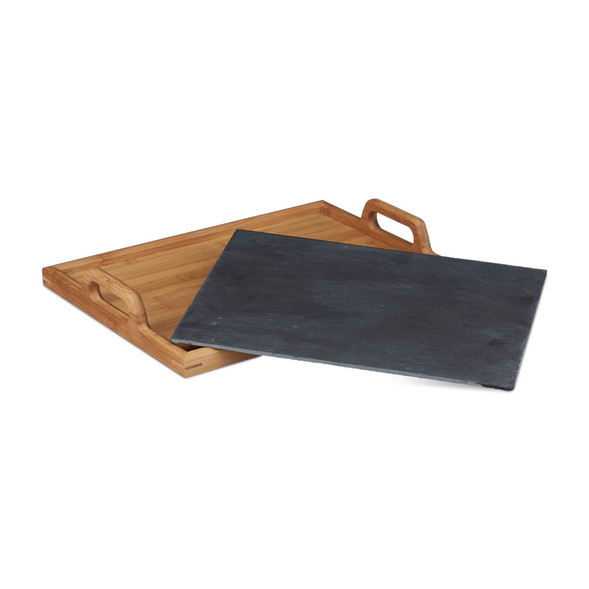 Serviertablett mit Schieferplatte Anthrazit-Hellbraun von Relaxdays