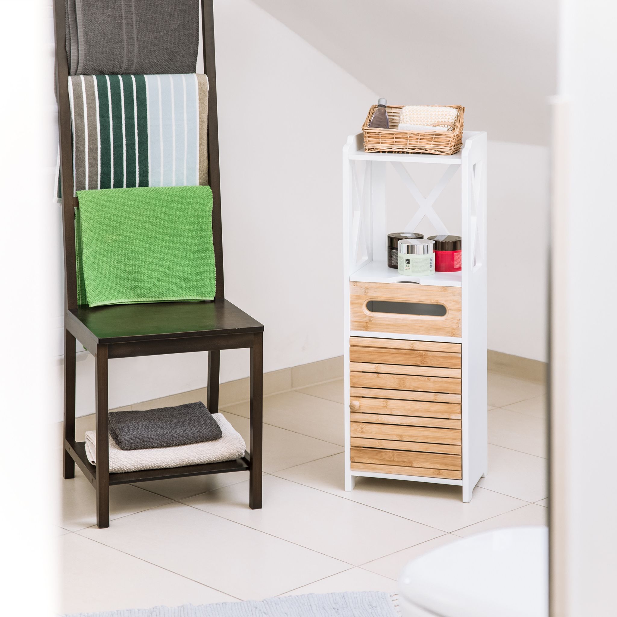 Beistellschrank klein mit 5 Ablagen Weiss-Hellbraun von Relaxdays