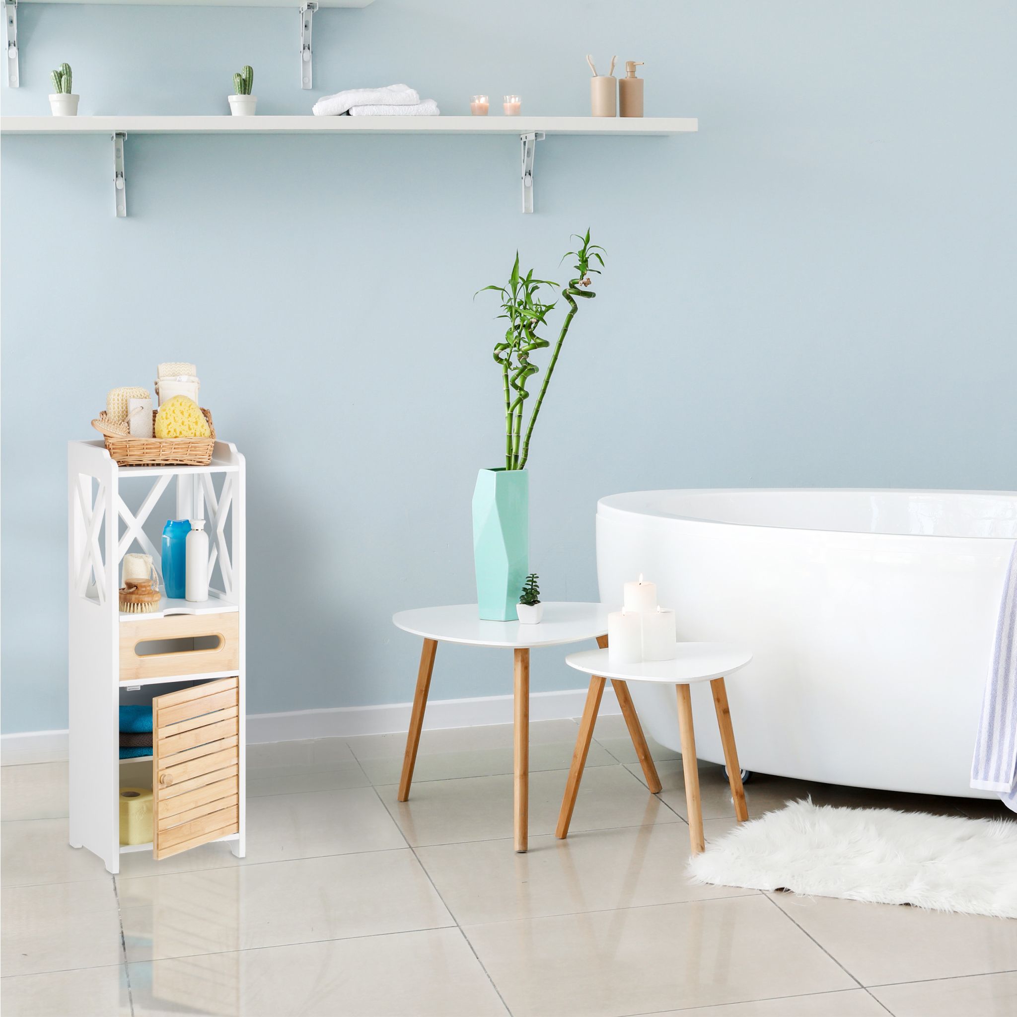 Beistellschrank klein mit 5 Ablagen Weiss-Hellbraun von Relaxdays