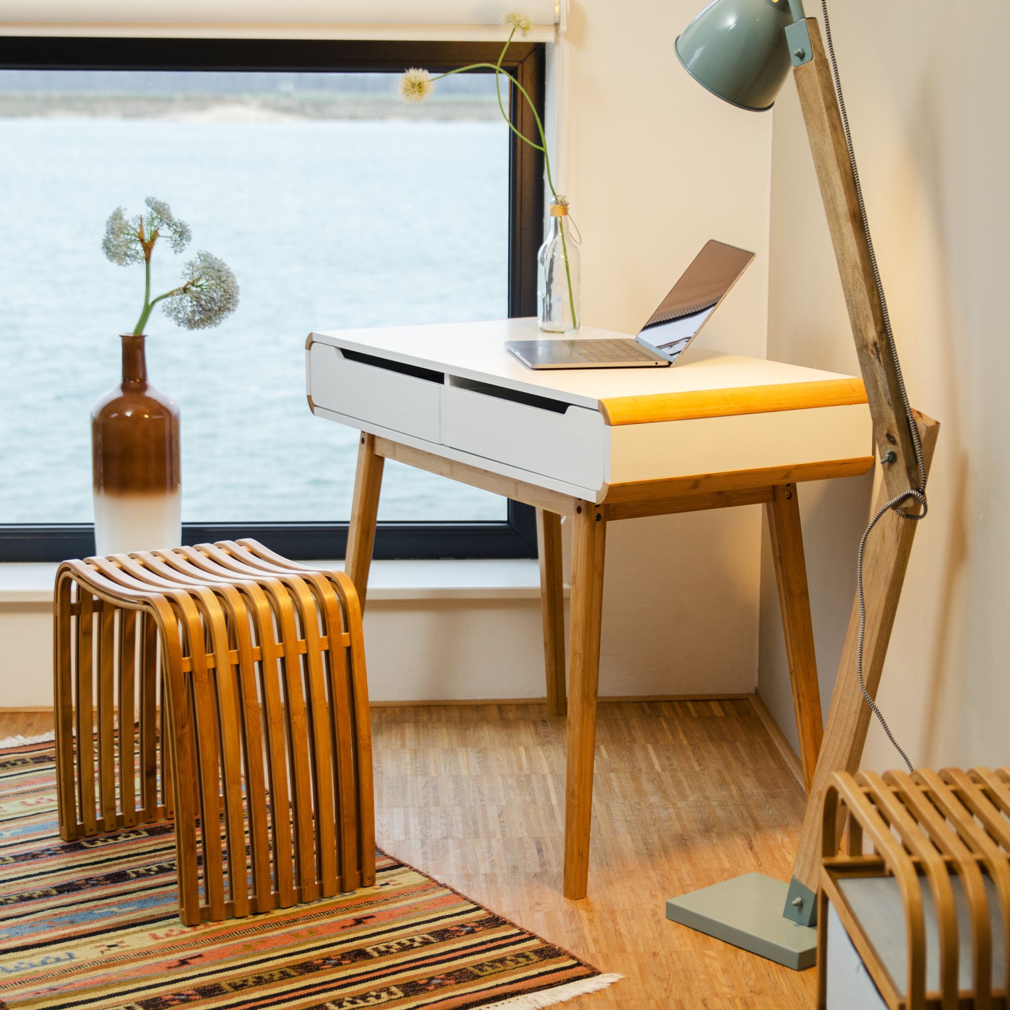 Schreibtisch mit Schubladen in Weiss Weiss-Hellbraun von Relaxdays