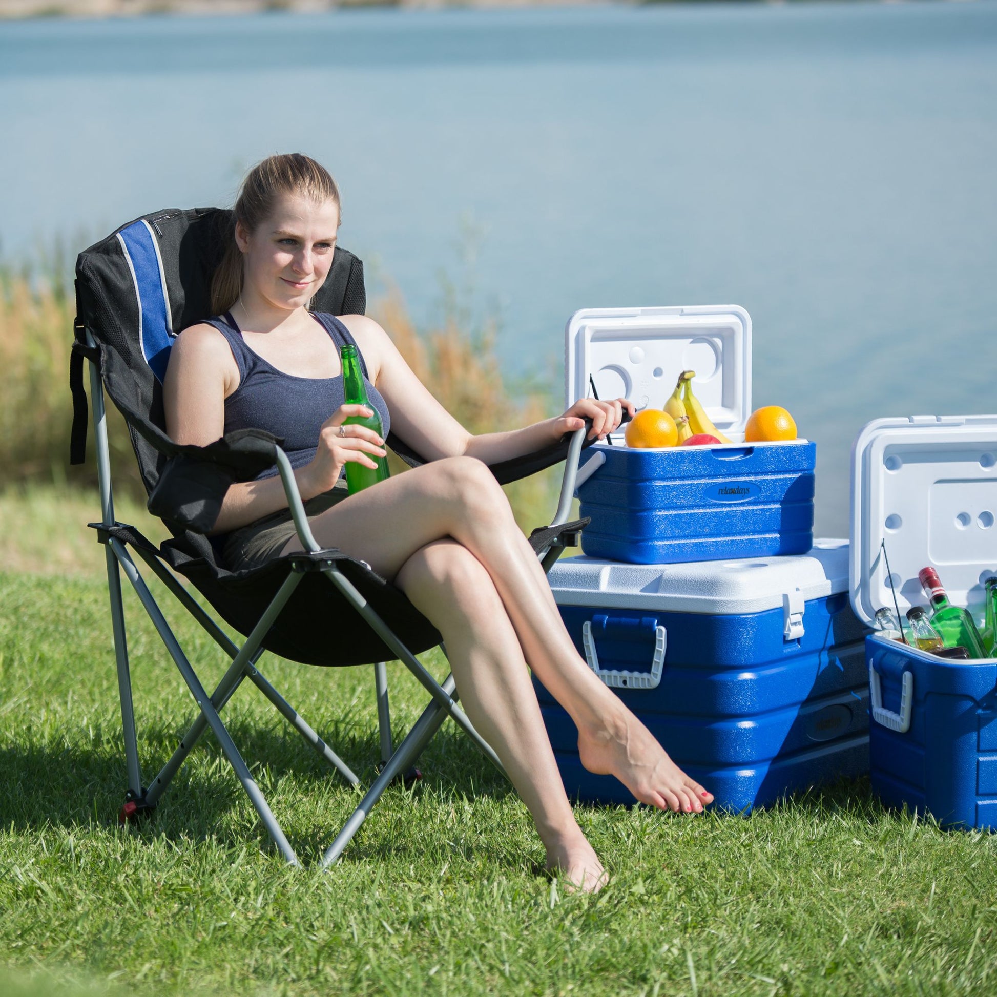 Campingstuhl faltbar mit Polsterung Blau-Schwarz-Silber von Relaxdays