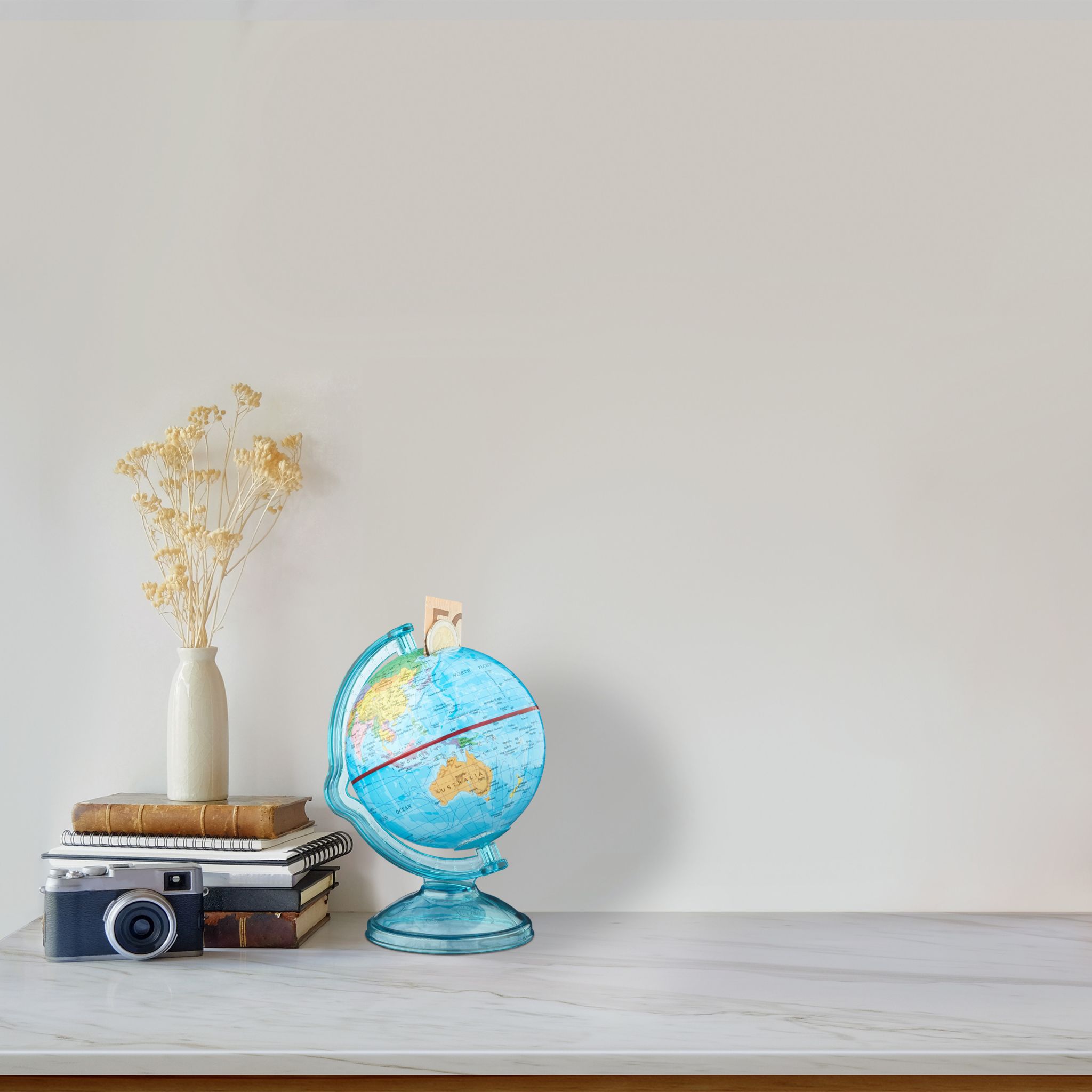 Spardose Globus drehbar Gelb-Hellblau-Rot von Relaxdays