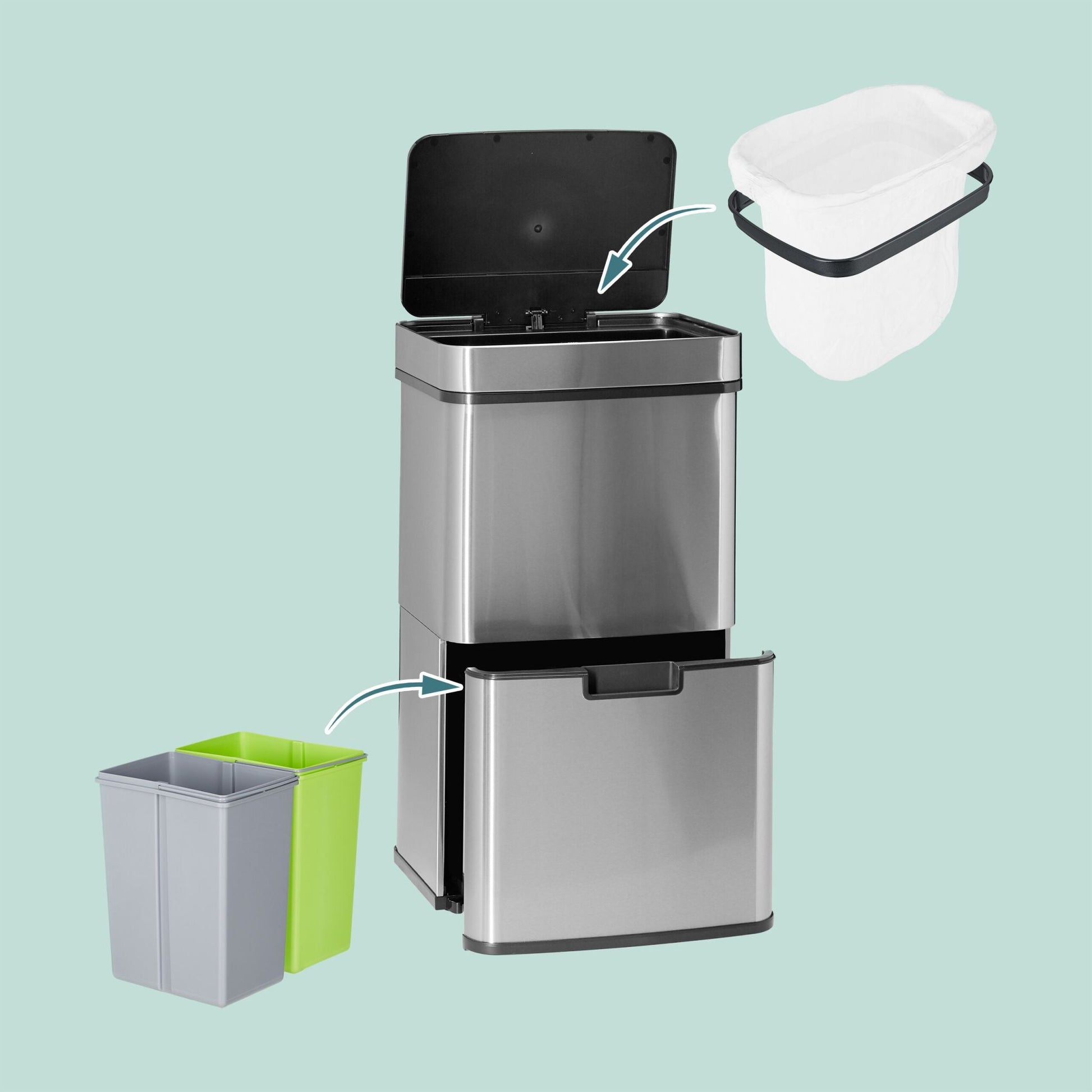 Mülltrennsystem 3-fach mit Sensor Schwarz-Silber von Relaxdays