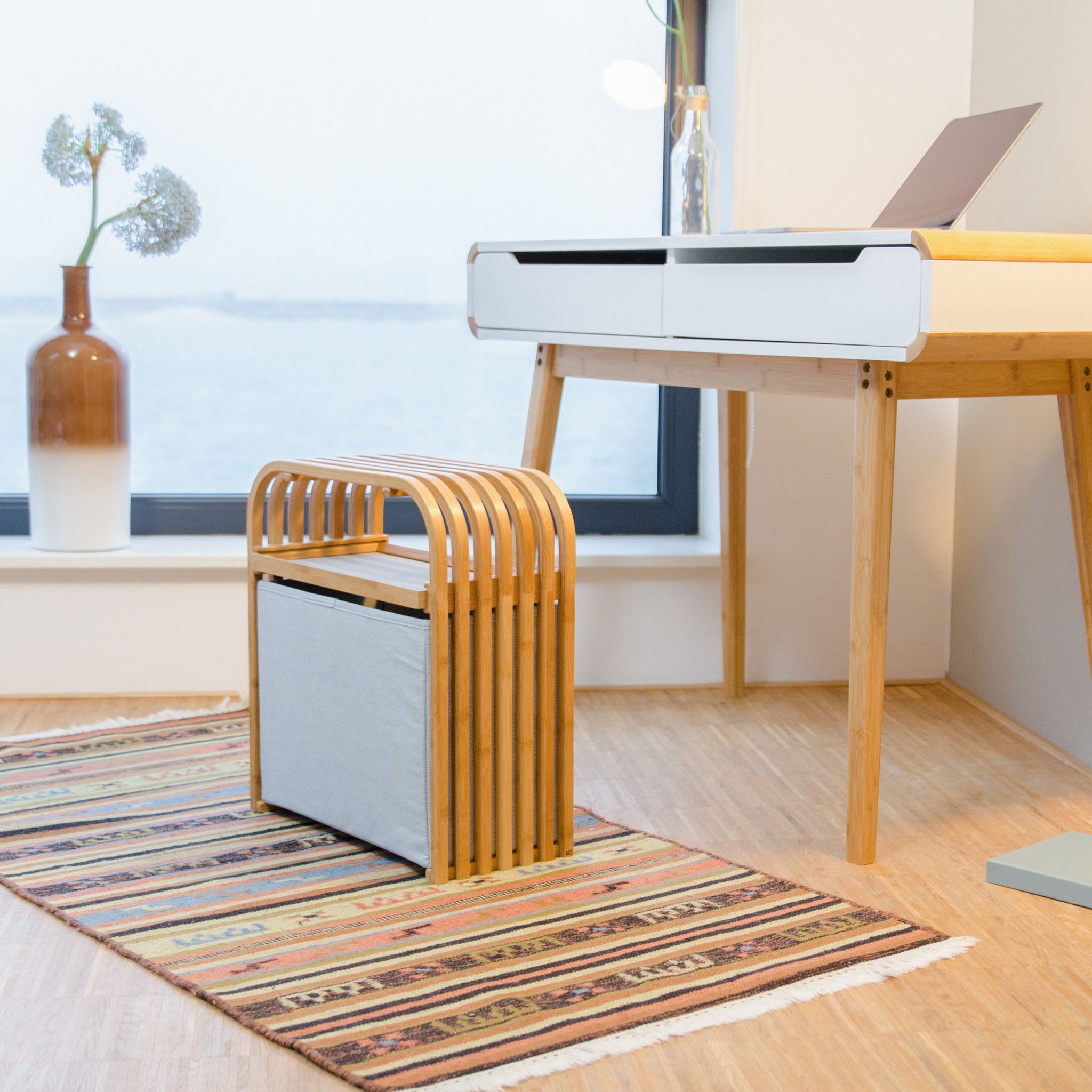 Hocker mit Aufbewahrung Bambus Hellbraun-Grau von Relaxdays
